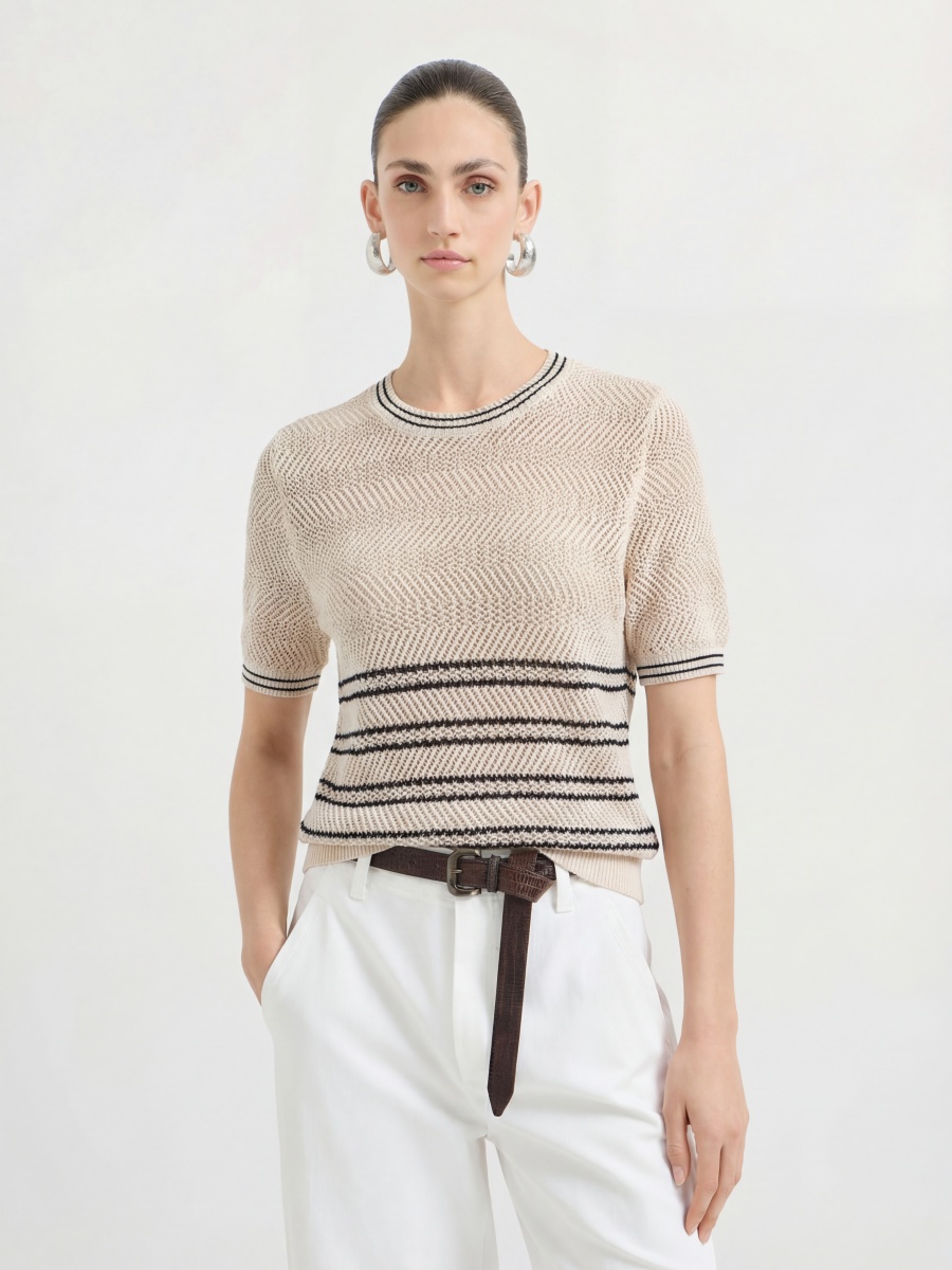 Cotton Short Sleeve Colorblock Openwork Knit Top