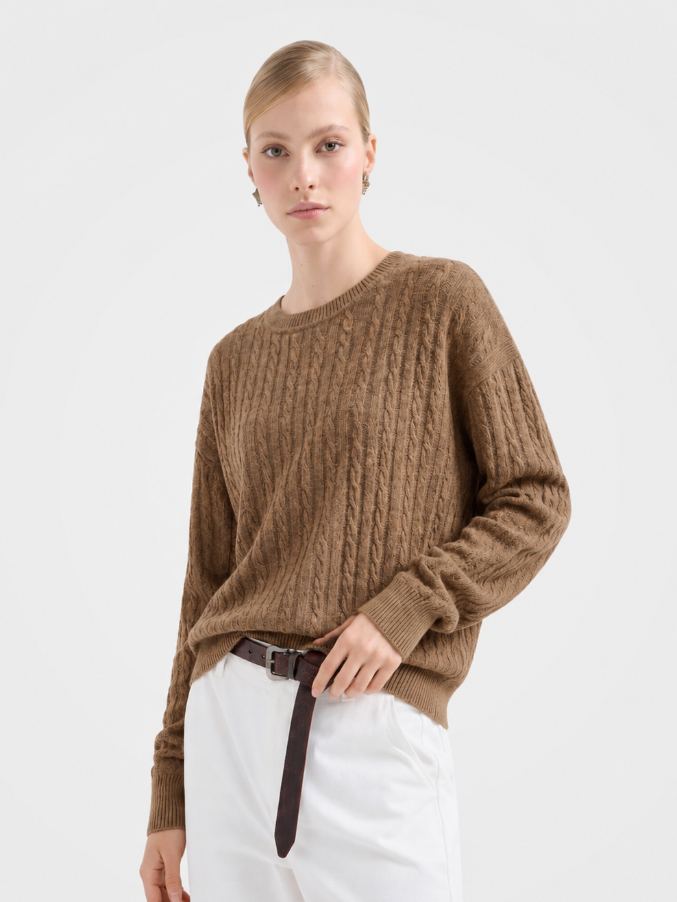 Cable-Knit Wool-Cashmere Crew Neck Sweater