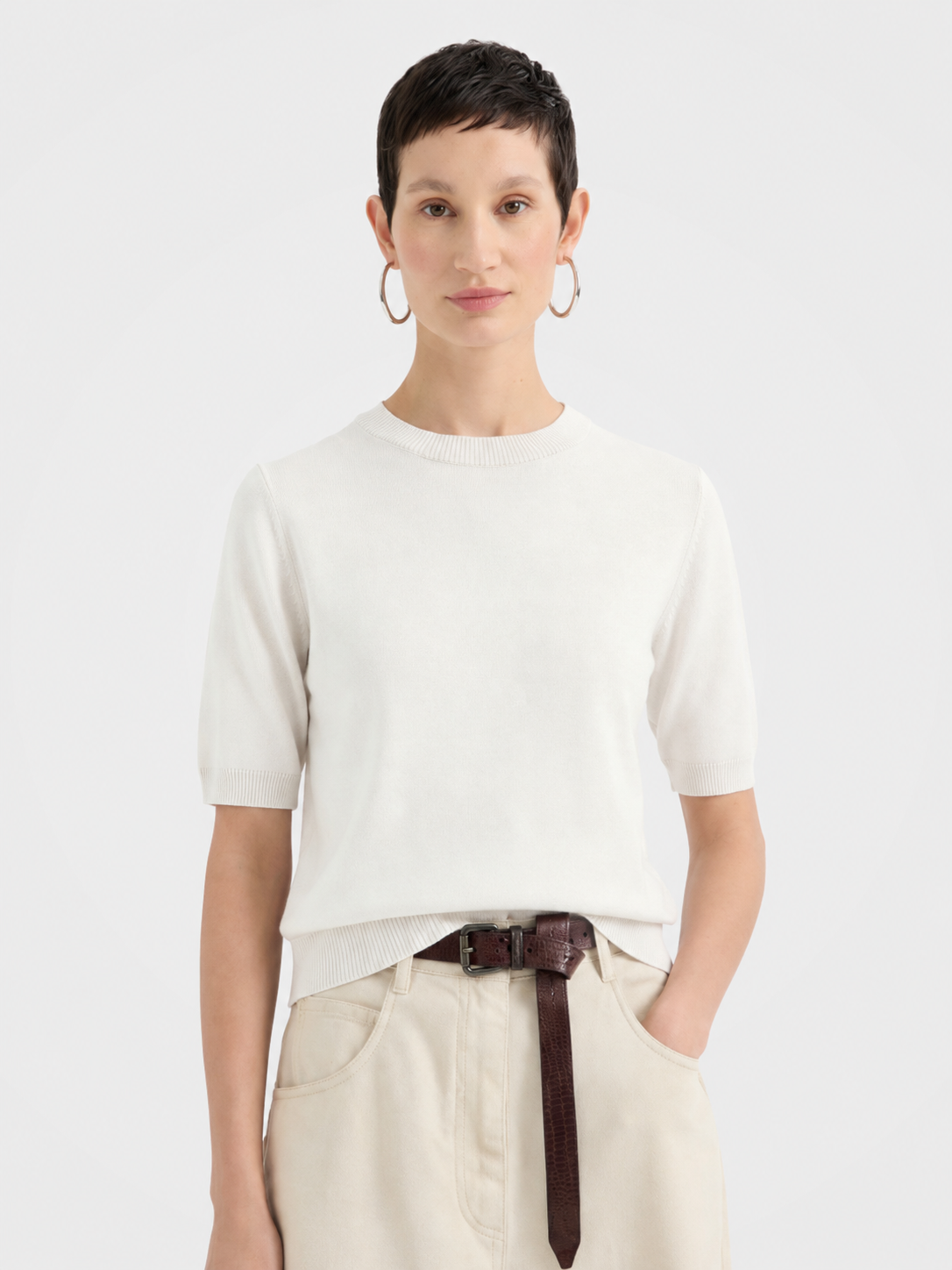 Cashmere Tencel Blend Soft & Lightweight Short Sleeve Knit Top
