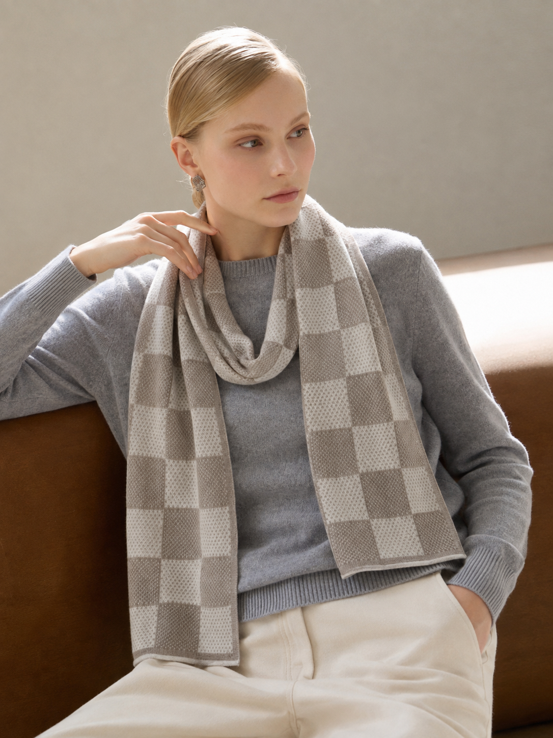 100% Cashmere Textured Plaid Soft Long Scarf