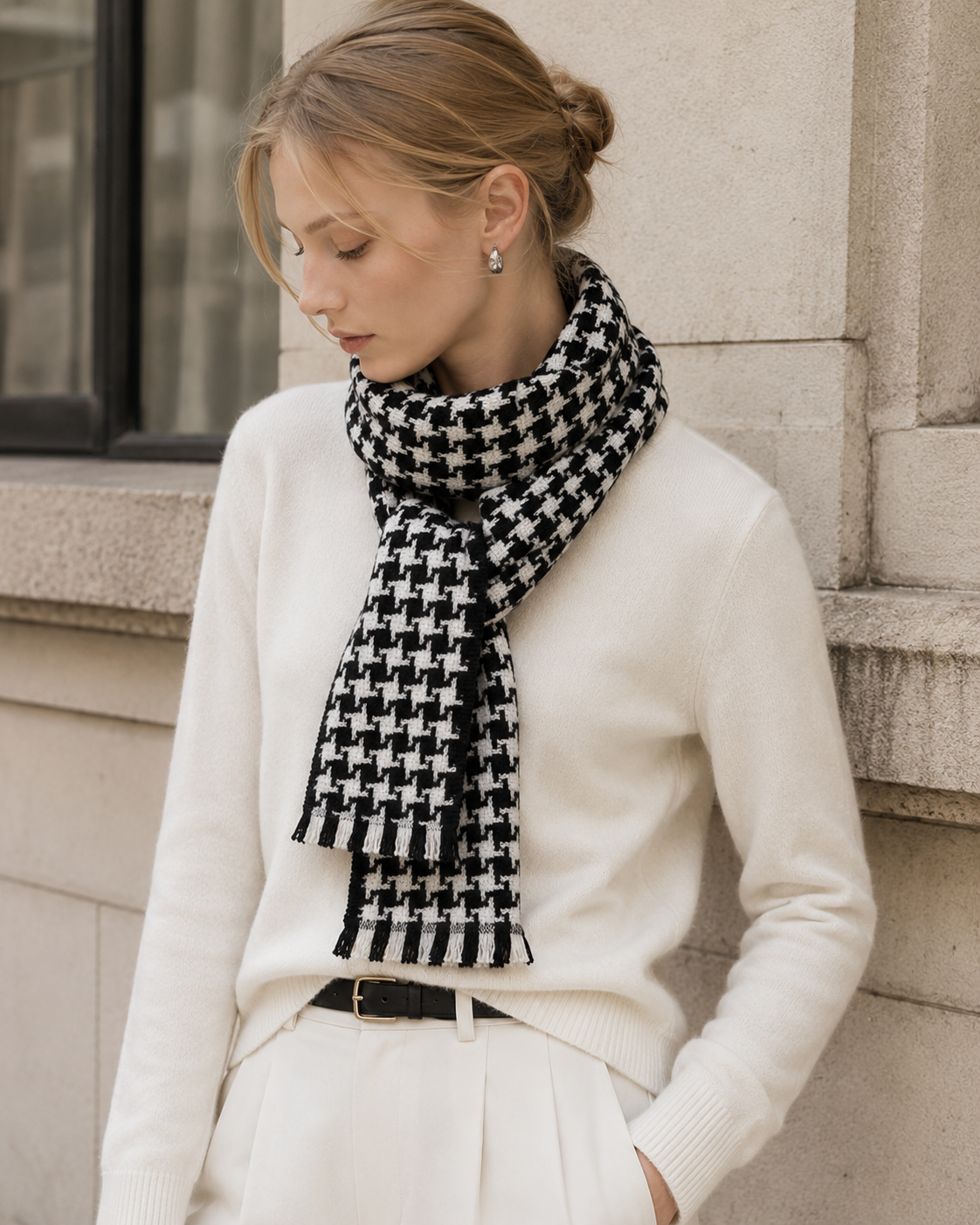 100% Cashmere Houndstooth Fringe Long Scarf