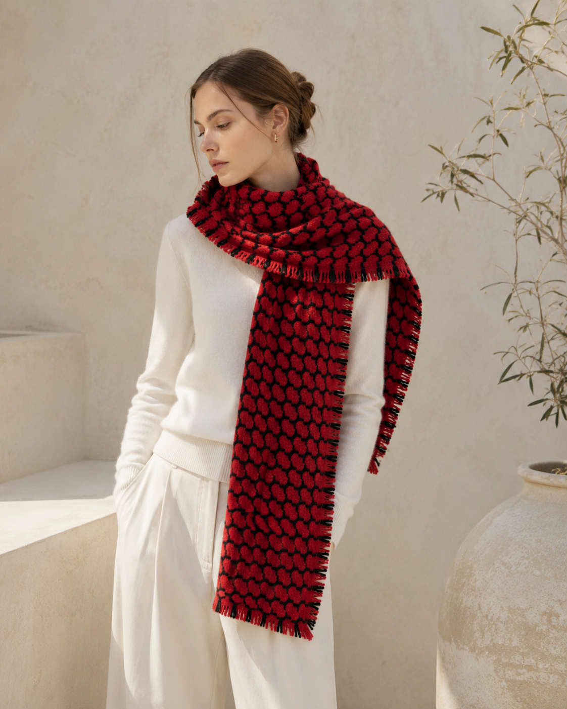 100% Cashmere Geometry Fringe Long Scarf