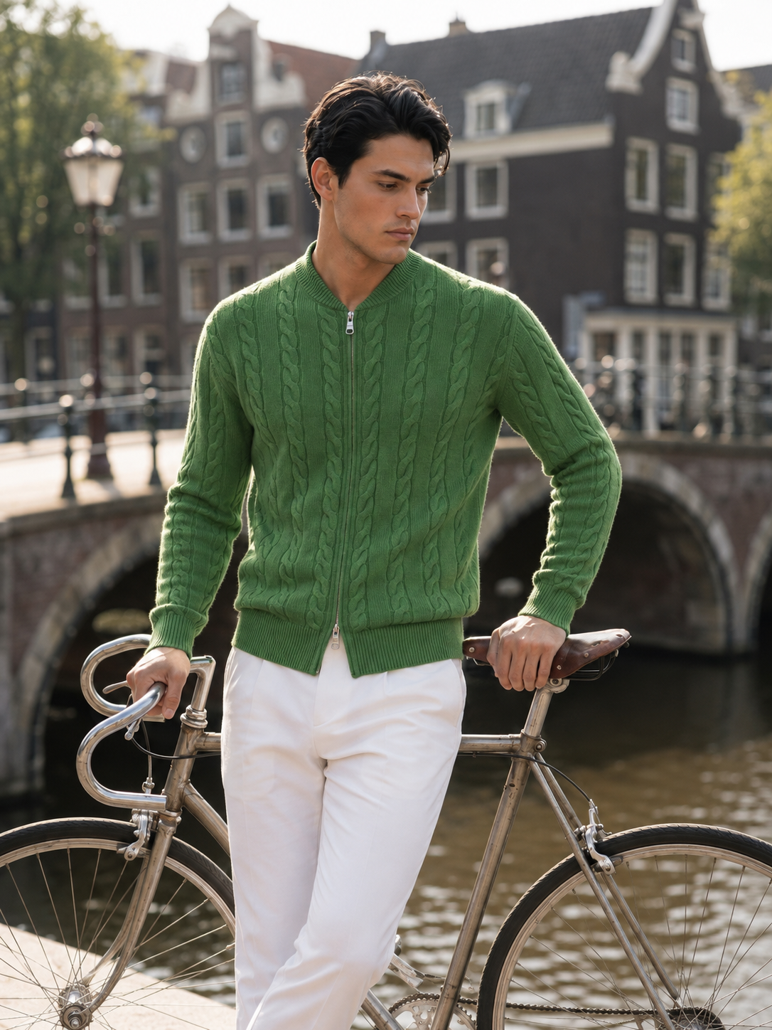 Men's 100% Cashmere Baseball Collar Zip Cable Knit Cardigan