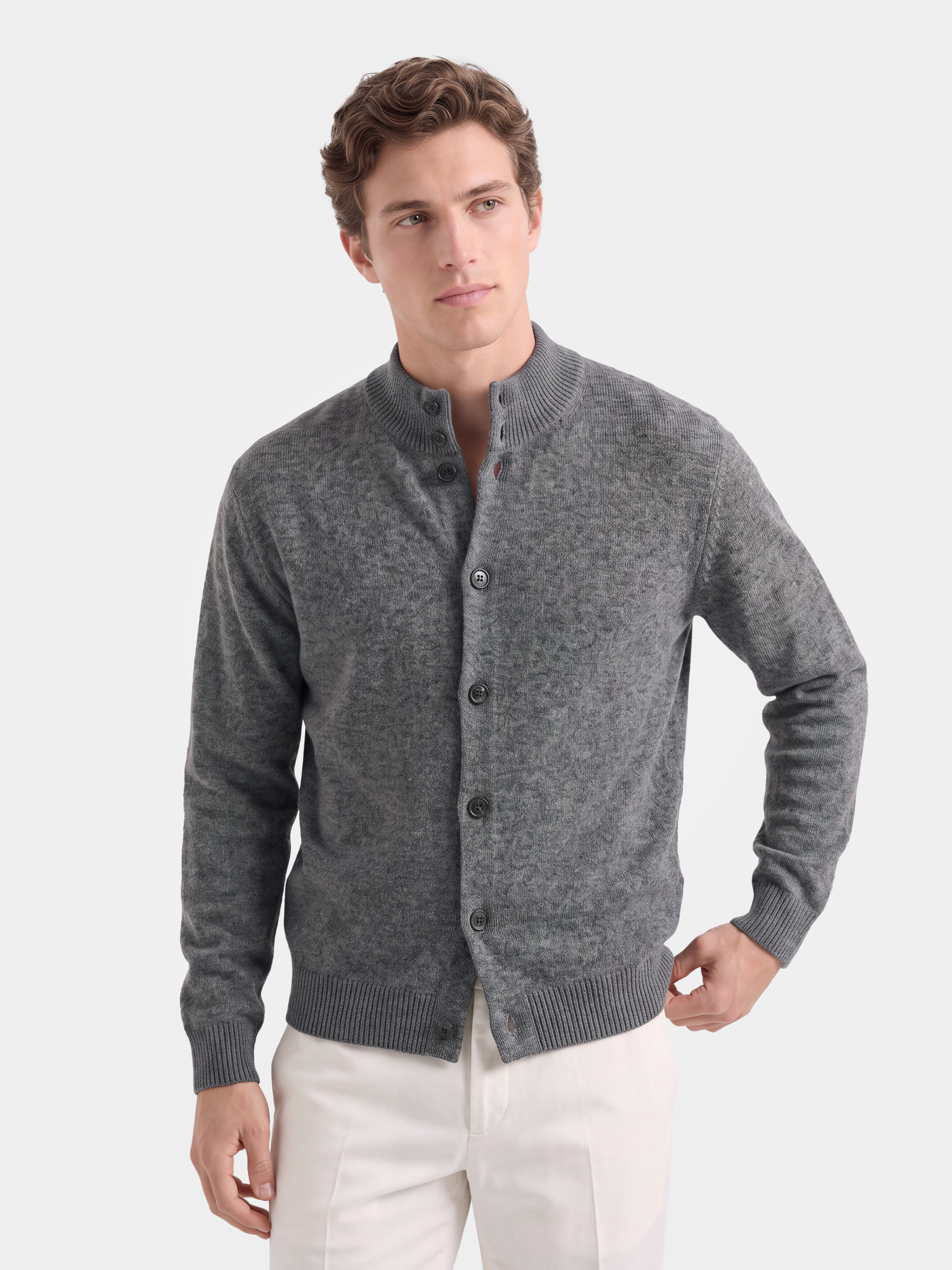 Men's 100% Wool Mock Neck Long Sleeve Cardigan Sweater