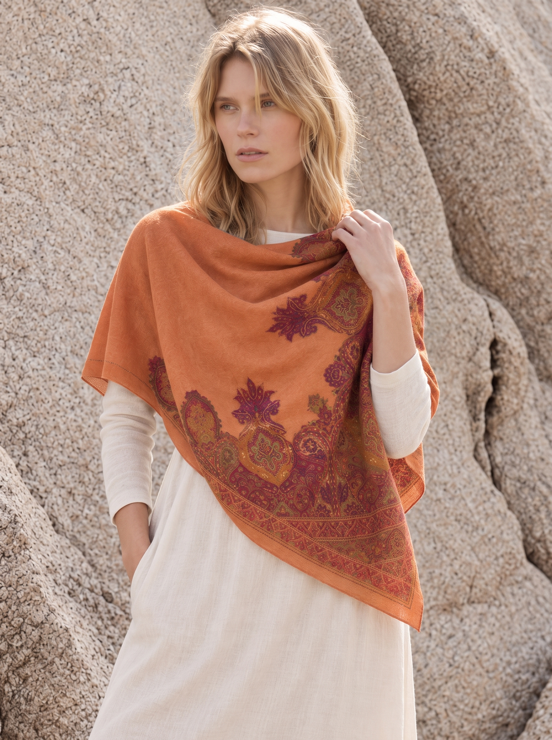 100% Cashmere Paisley Print Vintage Square Scarf