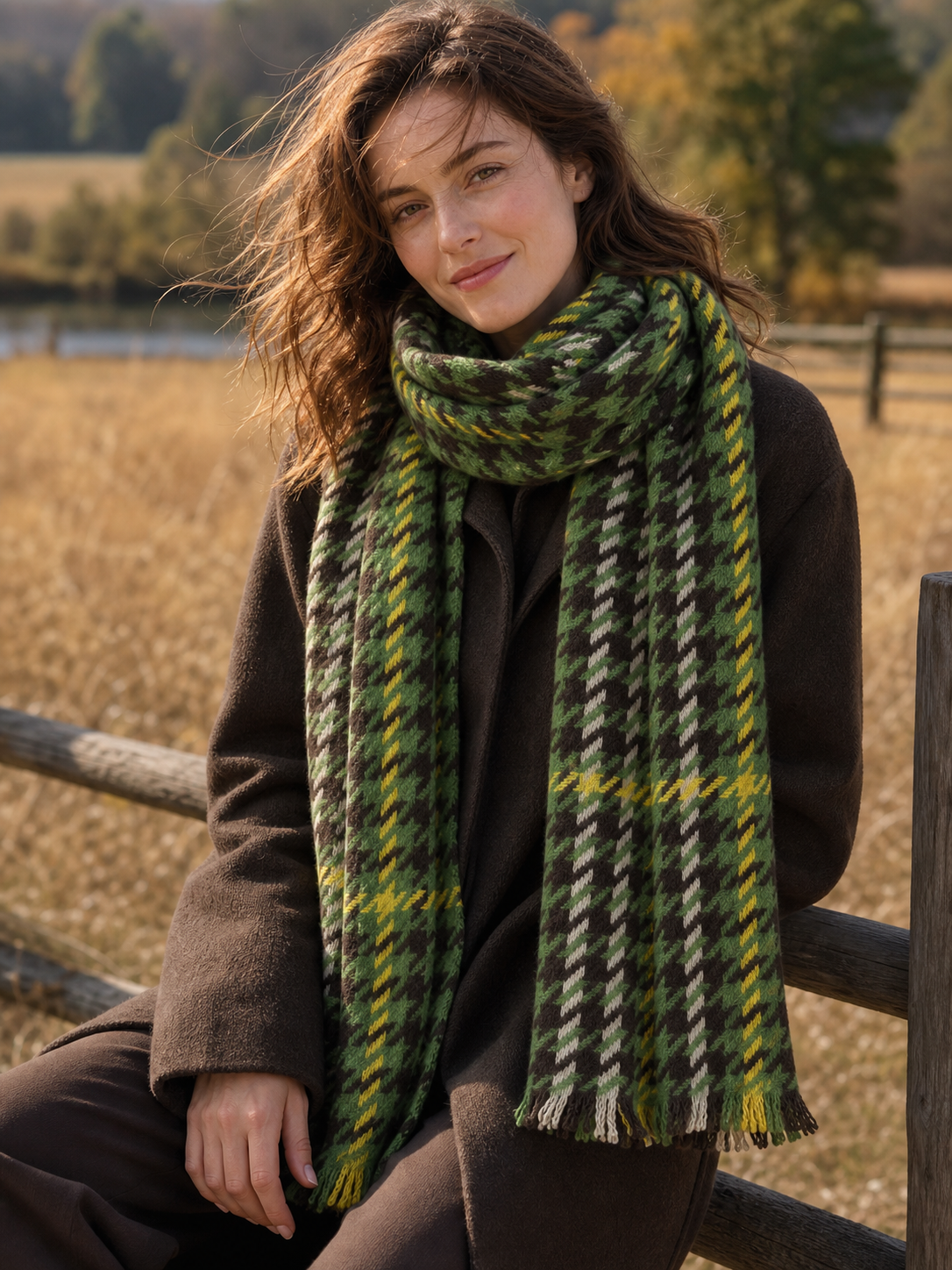 100% Cashmere Houndstooth Fringe Long Scarf