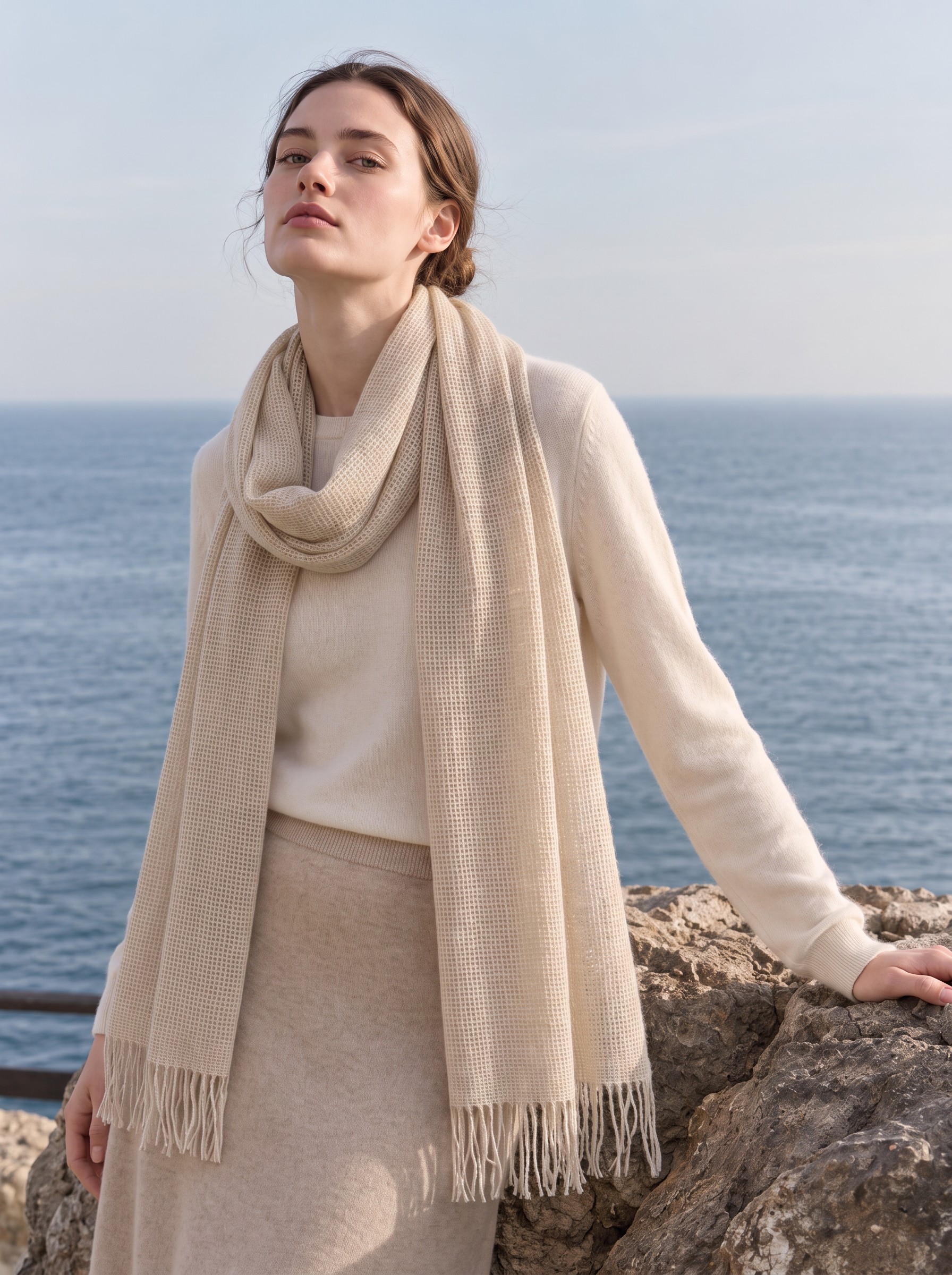 100% Cashmere Textured Plain Fringe Long Scarf