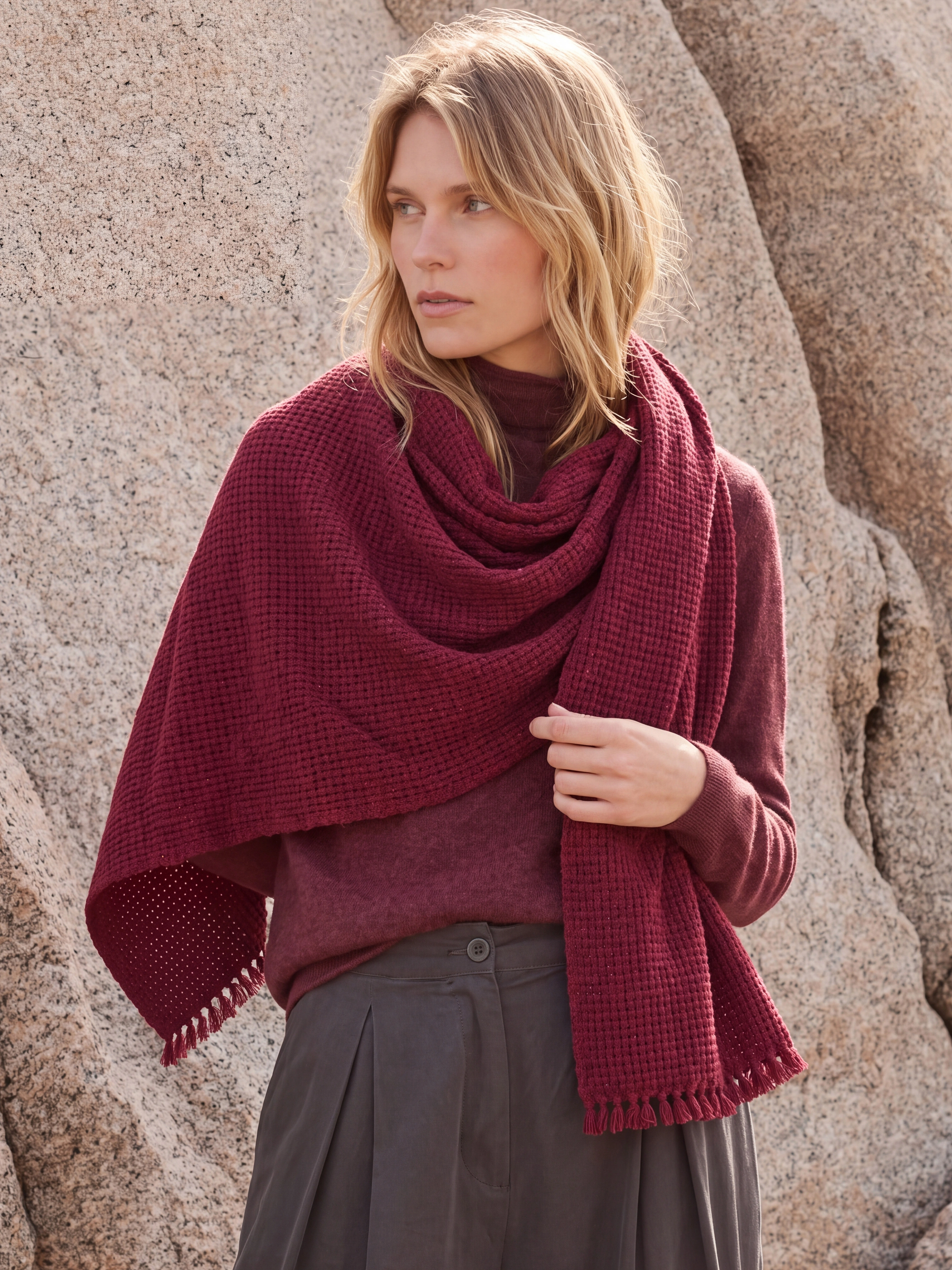 100% Cashmere Waffle Textured Plain Tassel Long Scarf