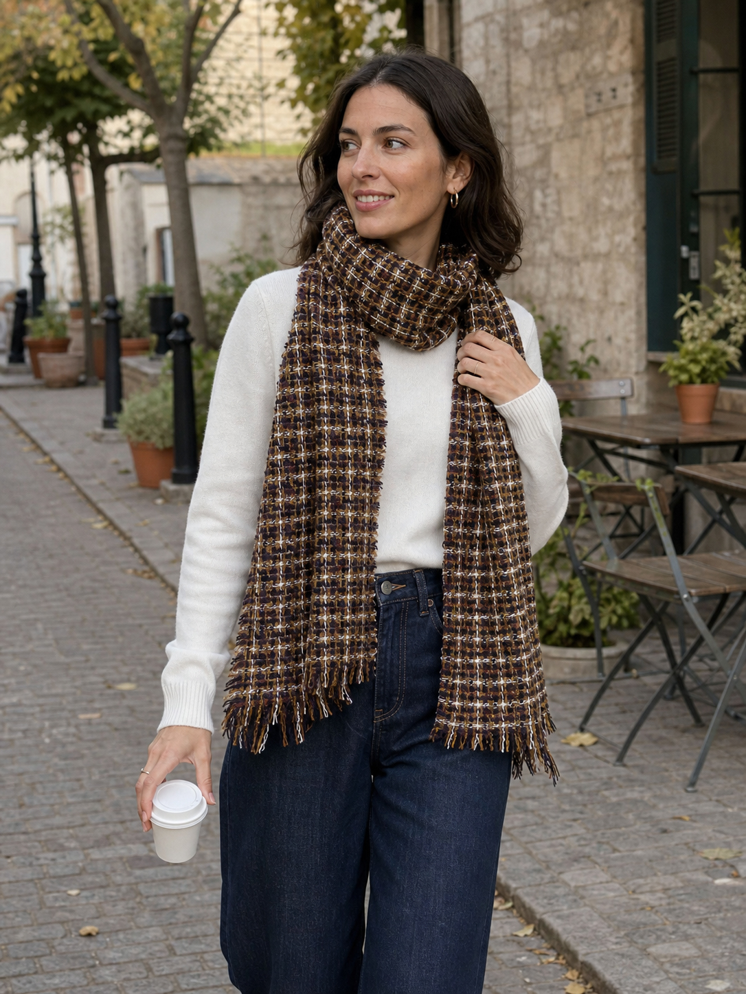 100% Cashmere Tweed-Inspired Check Fringe Long Scarf