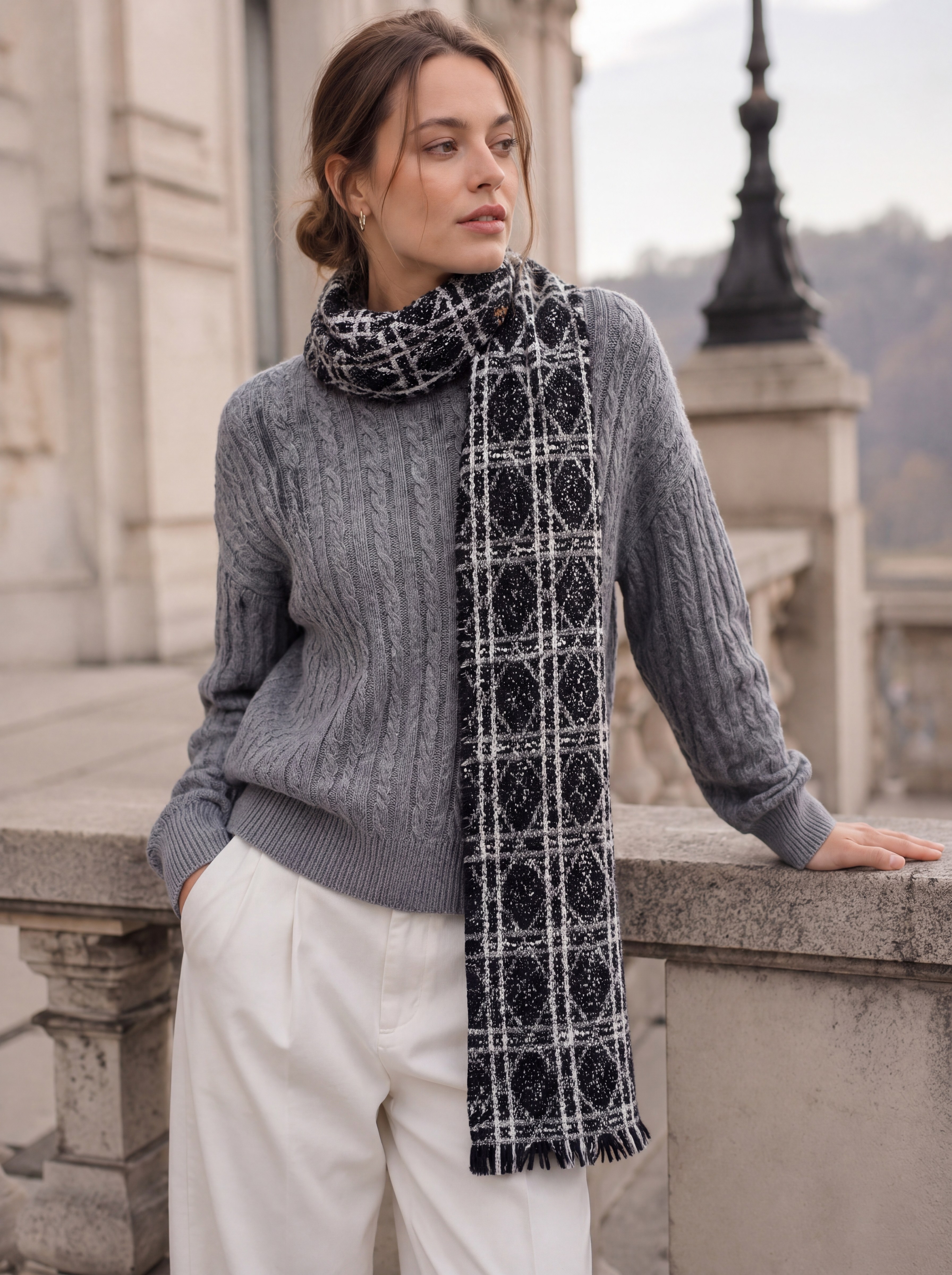 100% Cashmere Plaid Fringe Long Scarf