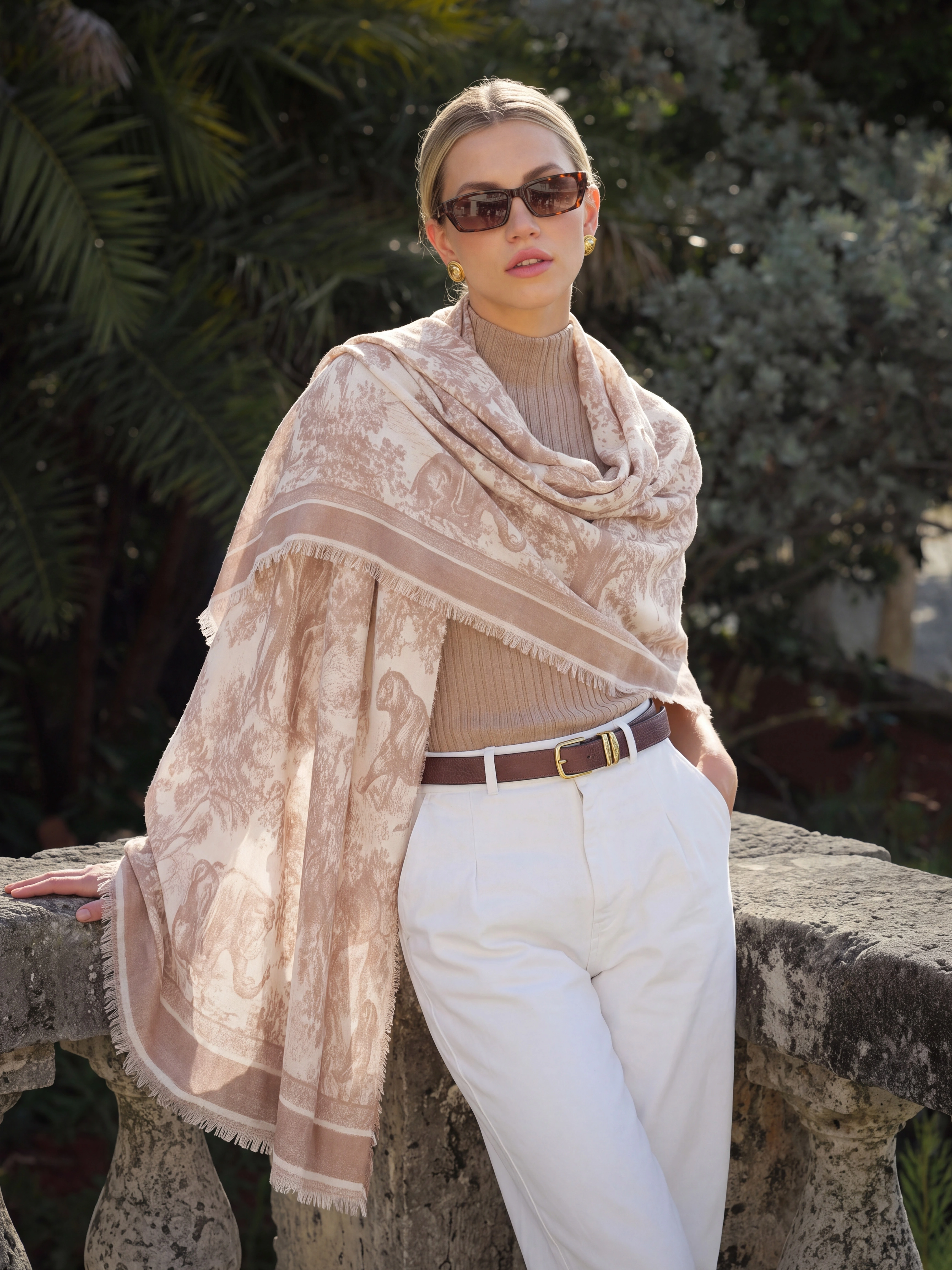 100% Cashmere Textured Scenery Animal Tassel Long Scarf