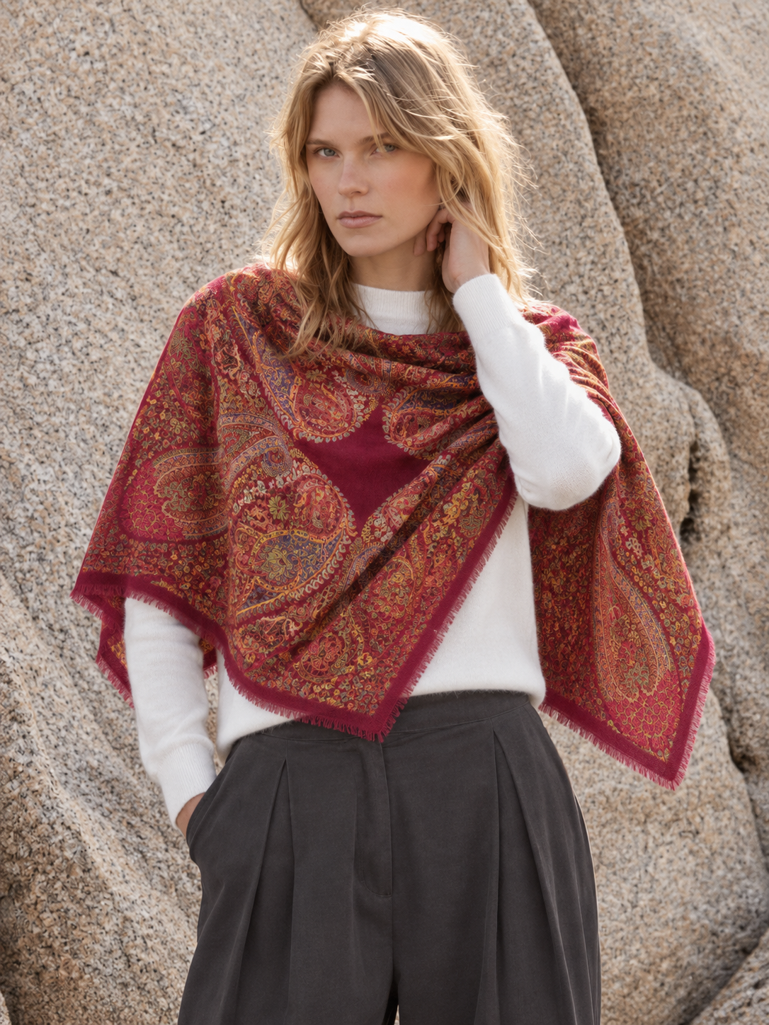 100% Cashmere Paisley Vintage Print Fringe Square Scarf