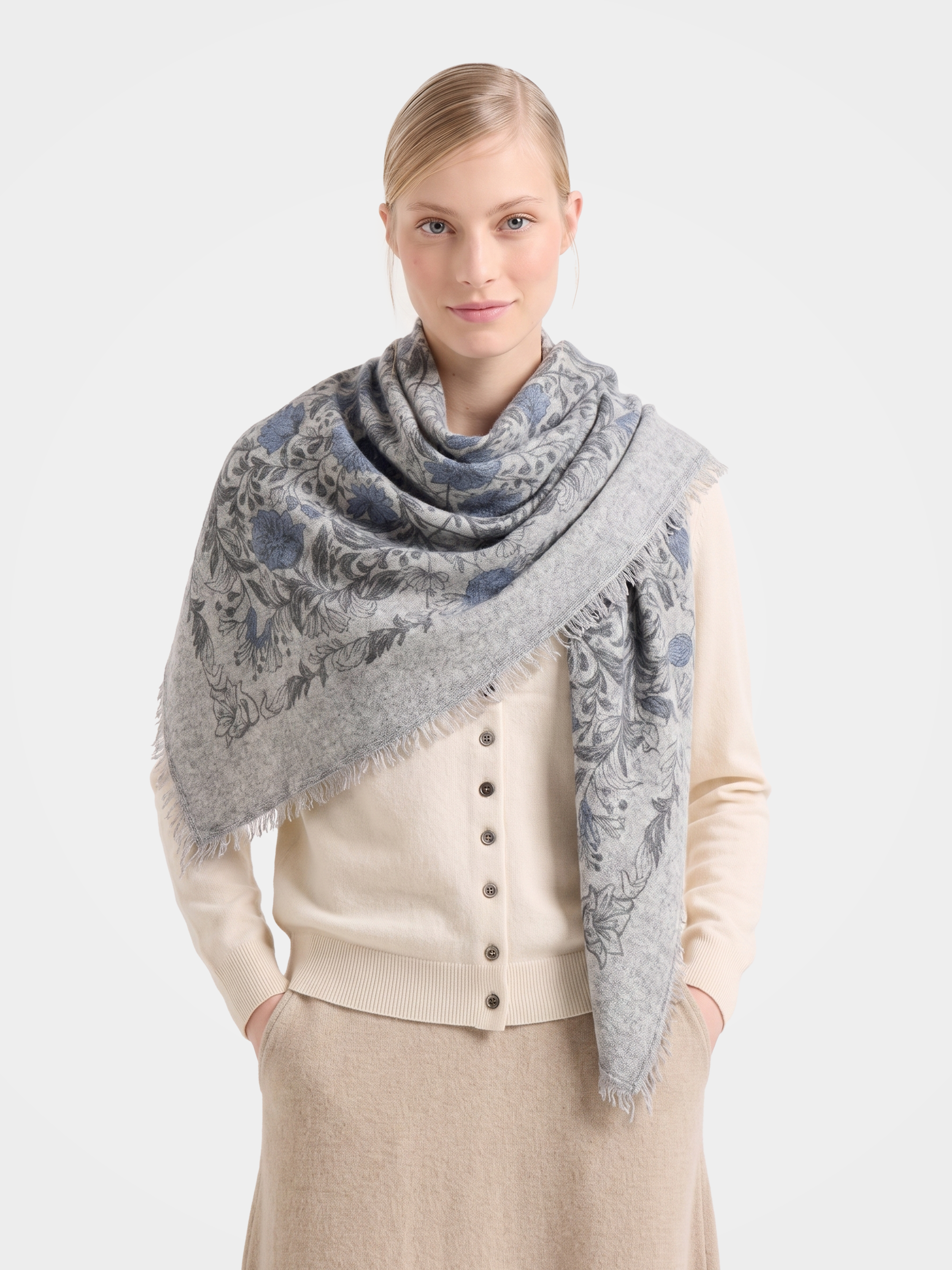 100% Cashmere Botanical Floral Print Square Scarf
