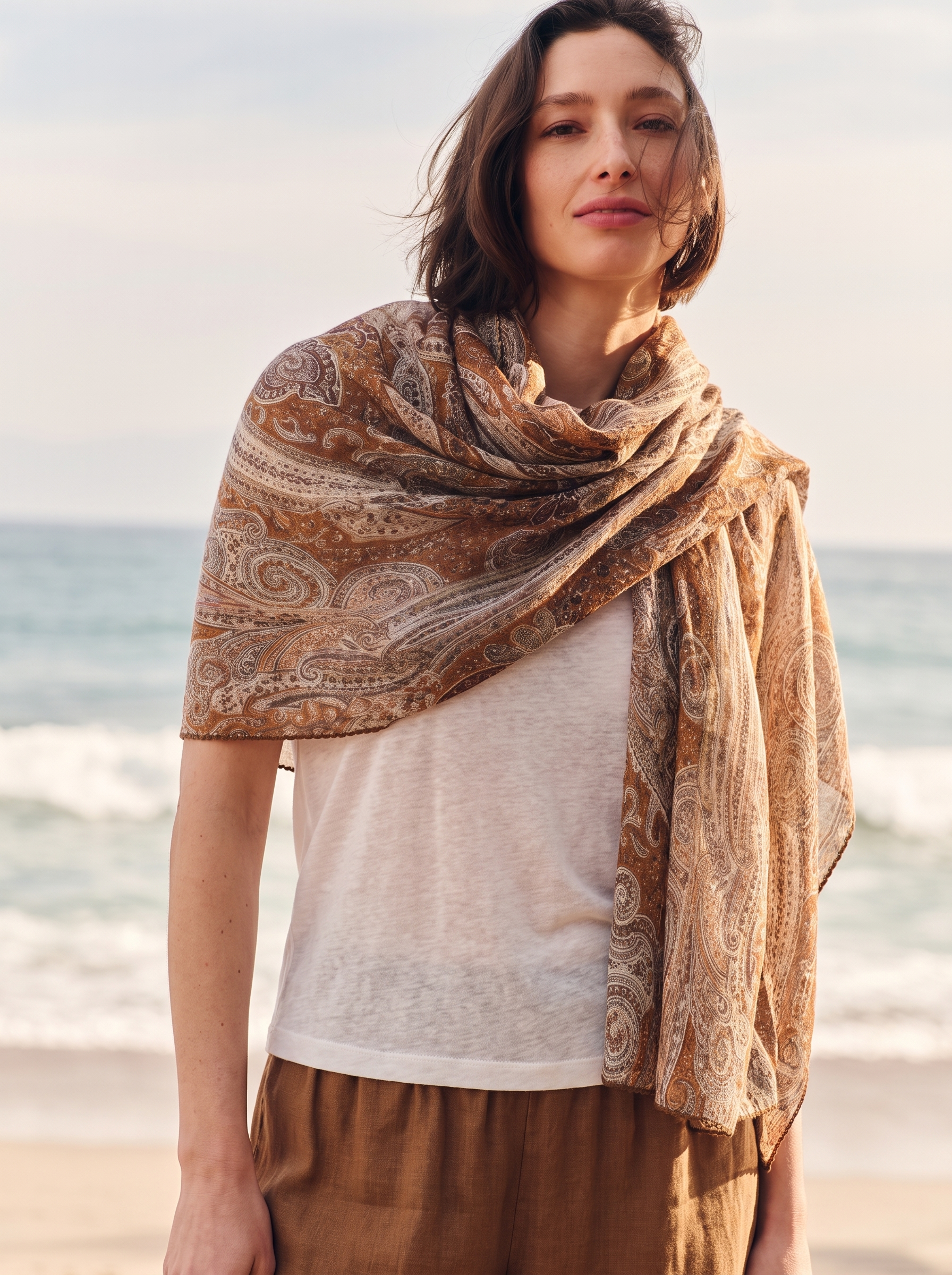 100% Cashmere Textured Paisley Fringe Long Scarf