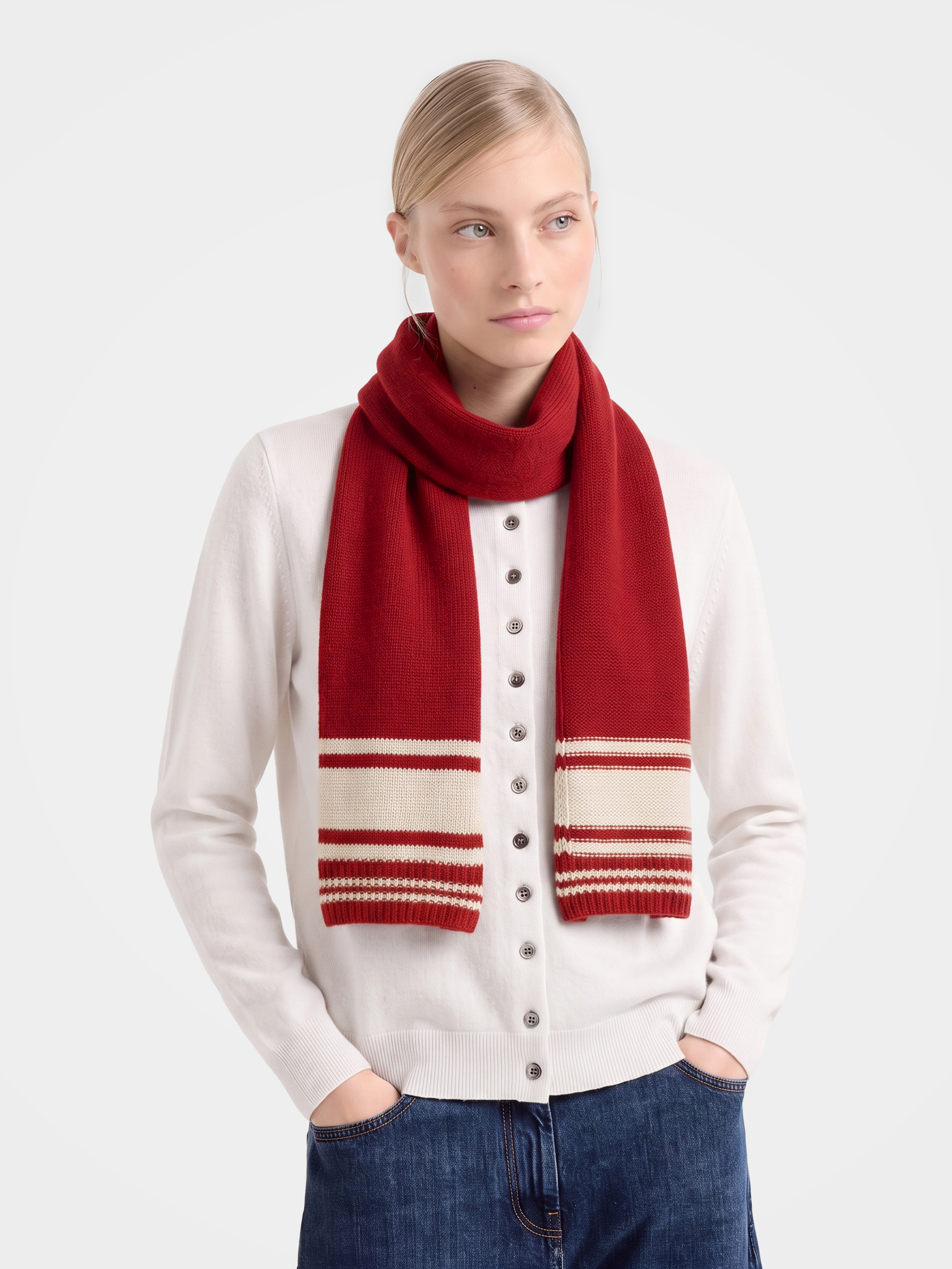 100% Cashmere Contrast Stripe Long Scarf