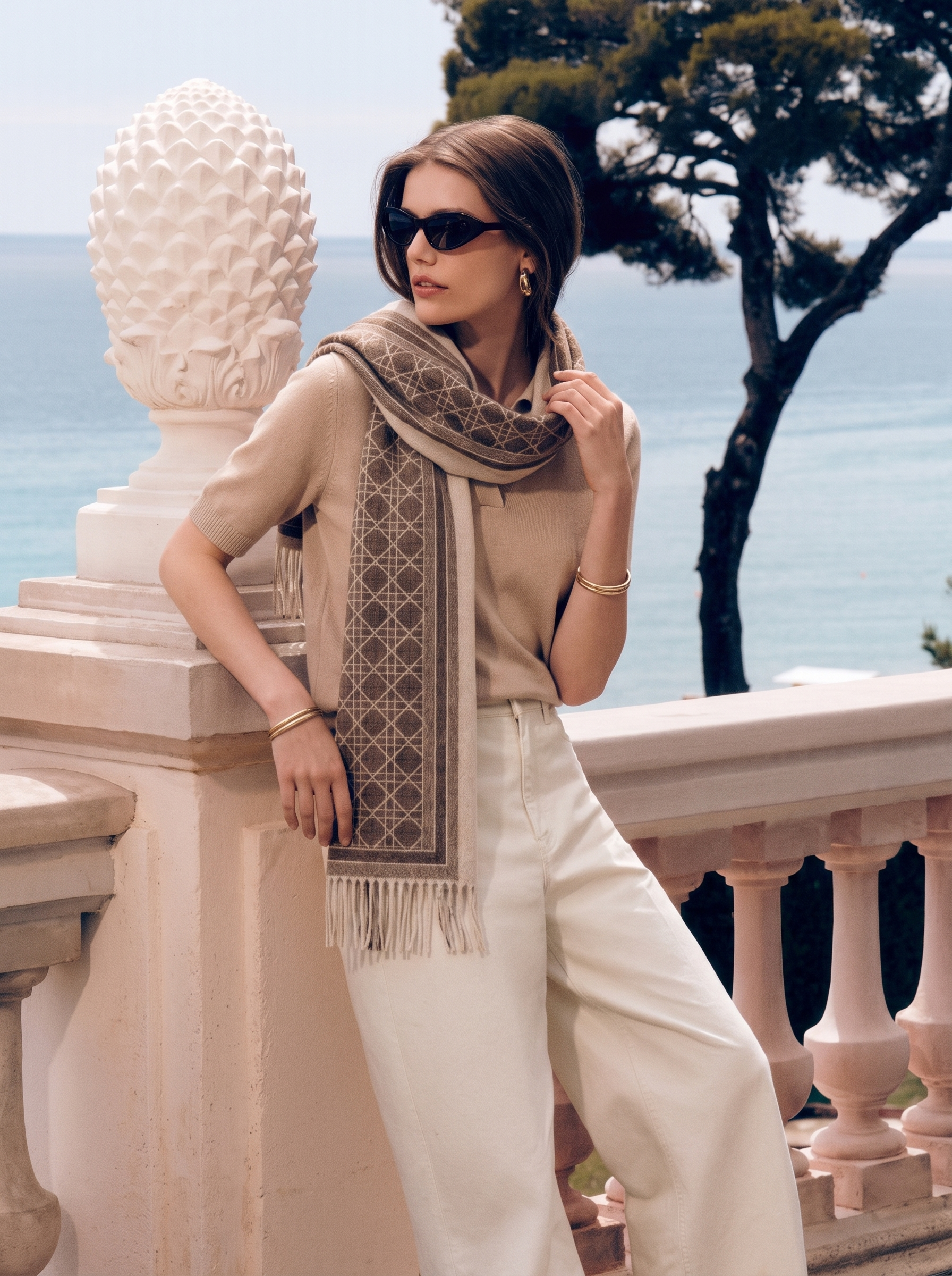 100% Cashmere Geometric Lattice Fringe Long Scarf