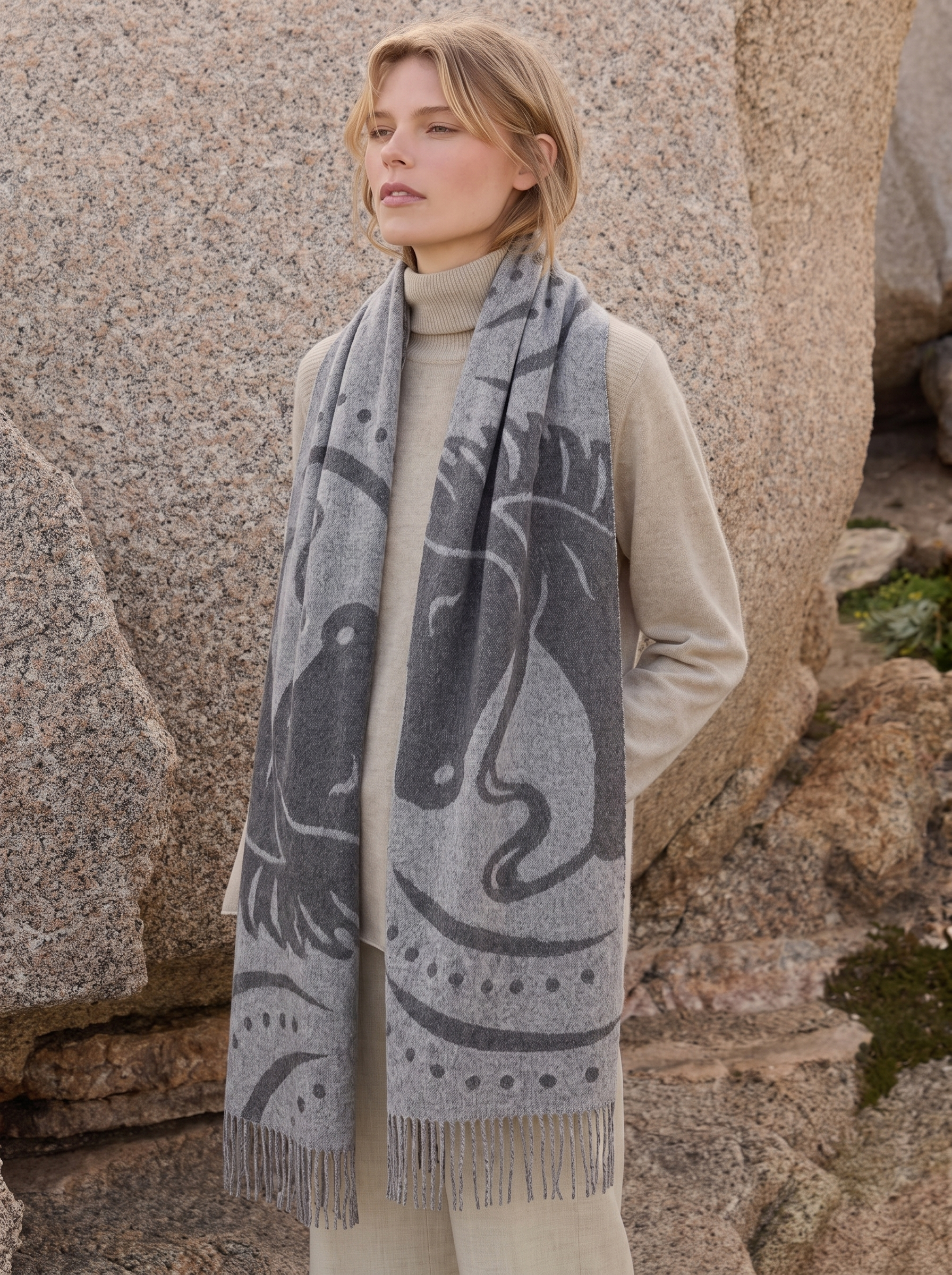 100% Cashmere Equestrian Horse Pattern Fringe Scarf