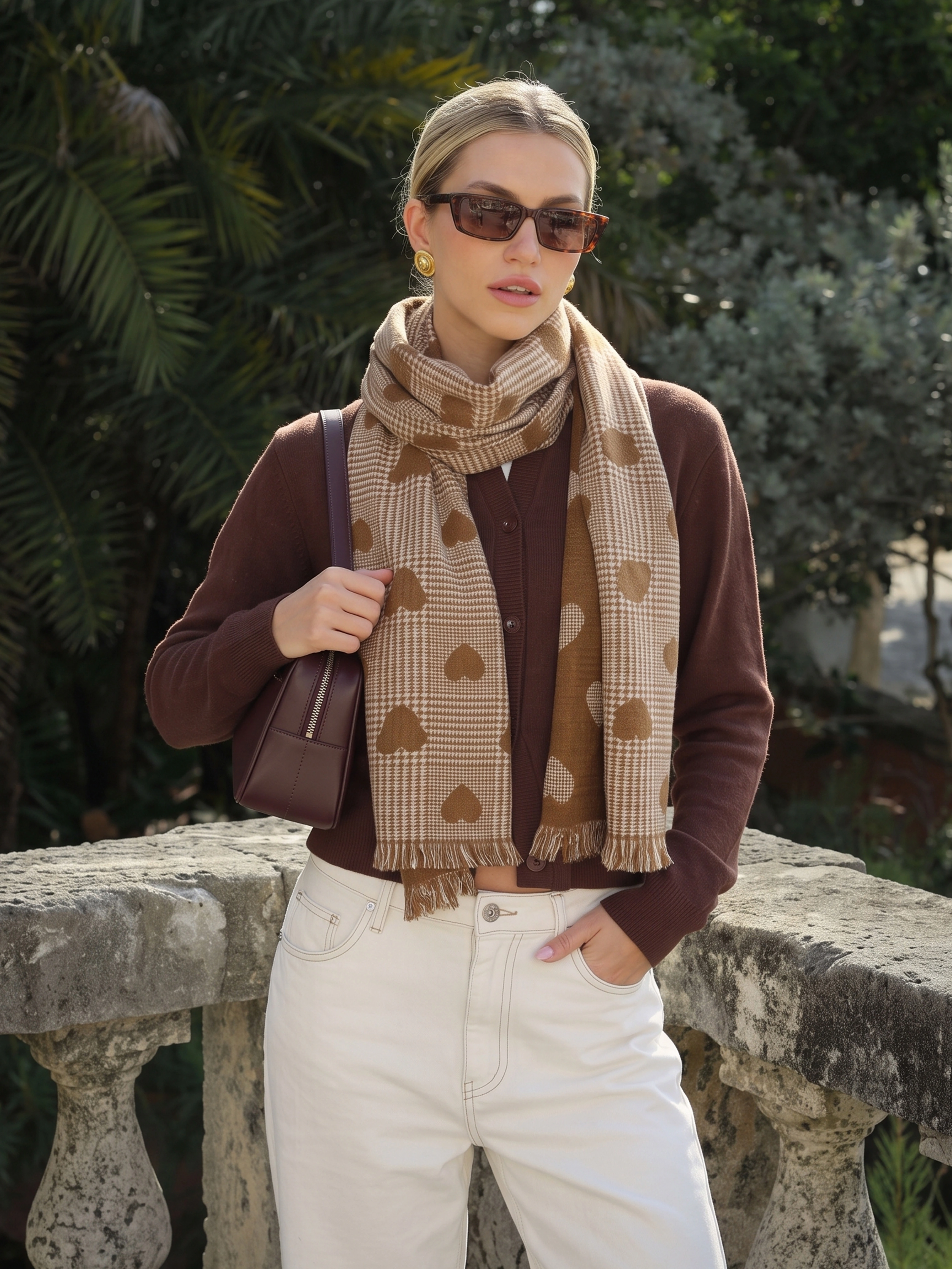 100% Cashmere Textured Heart Tassel Long Scarf