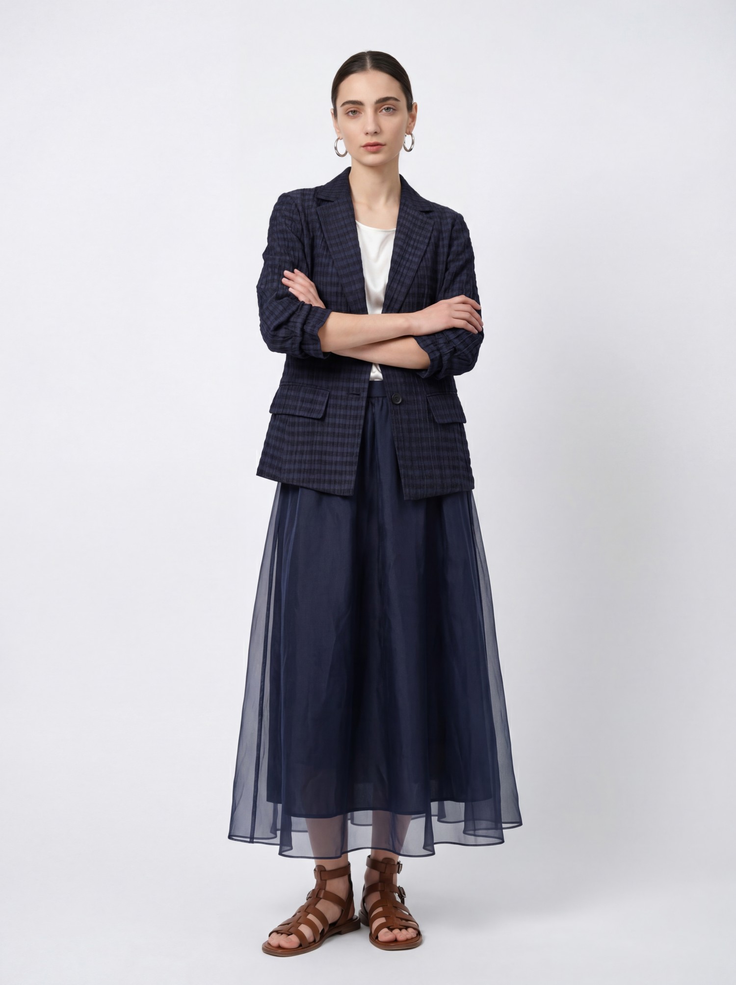 Navy Silk Plaid Blazer