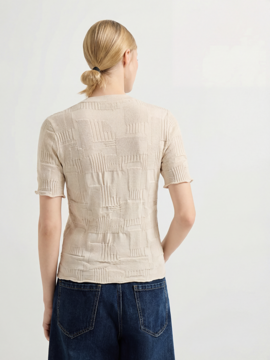 Cotton Short Sleeve Plaid Knit Top