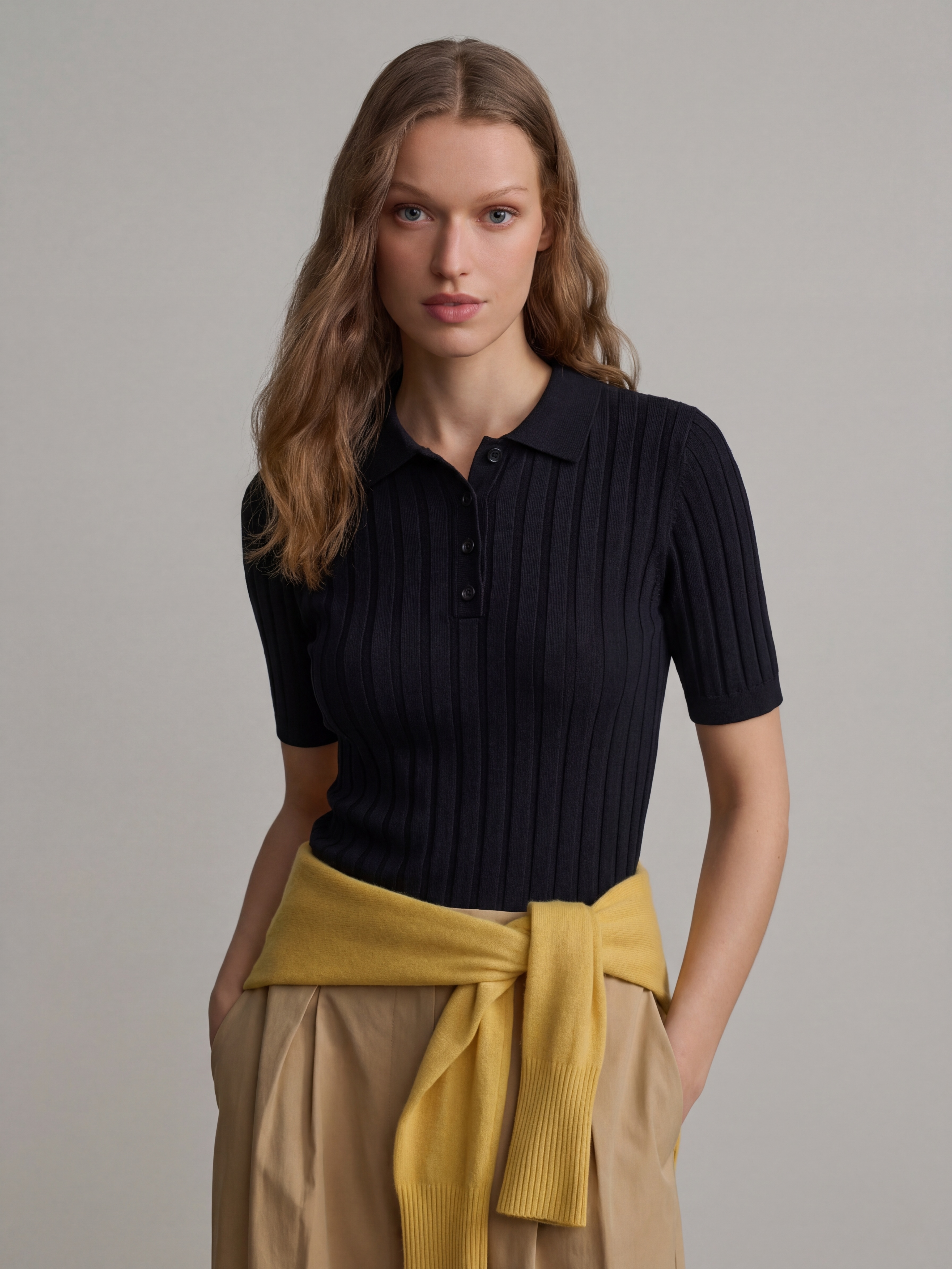 Silk Short Sleeve Button Knit Polo Top