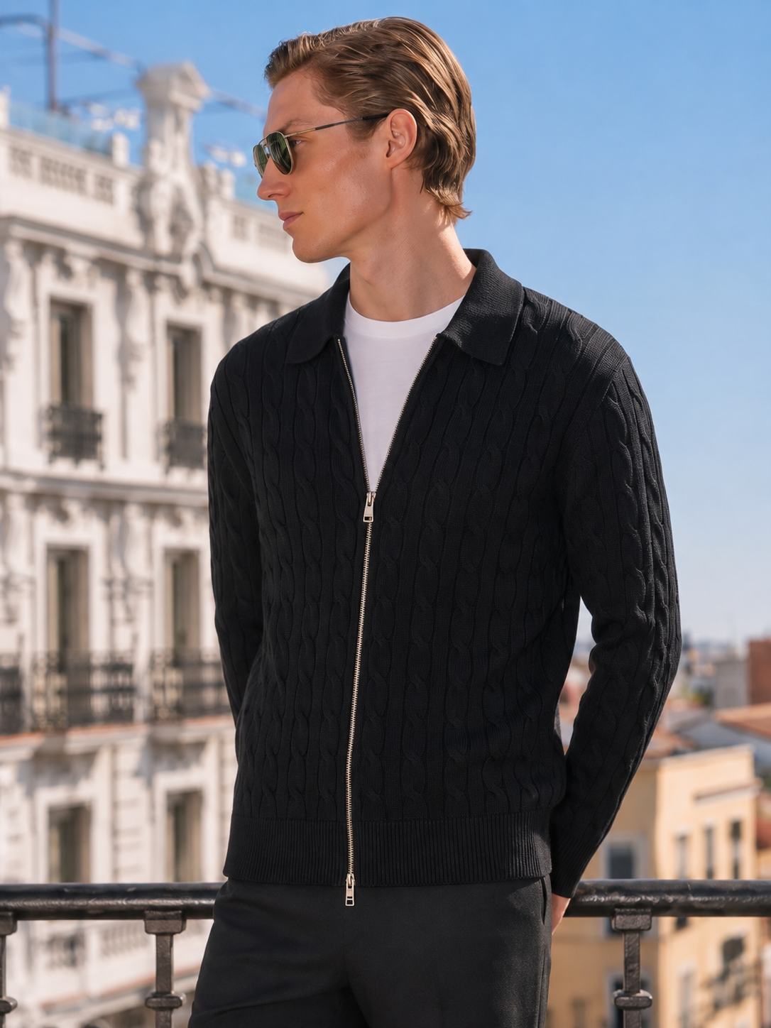 Men's 100% Cashmere Collared Zip Cable Knit Cardigan