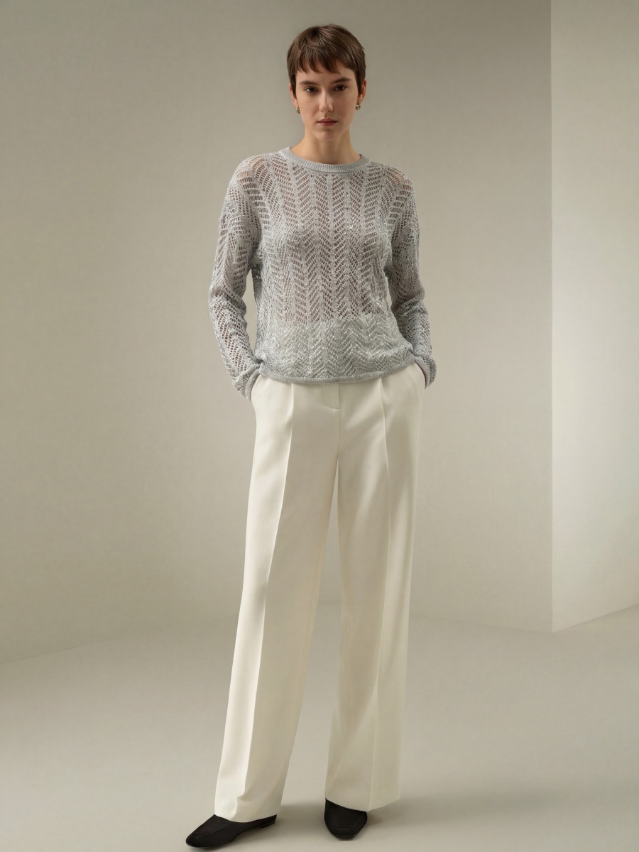 Linen Cotton Long Sleeve Openwork Knit Top – Breathable Sweater