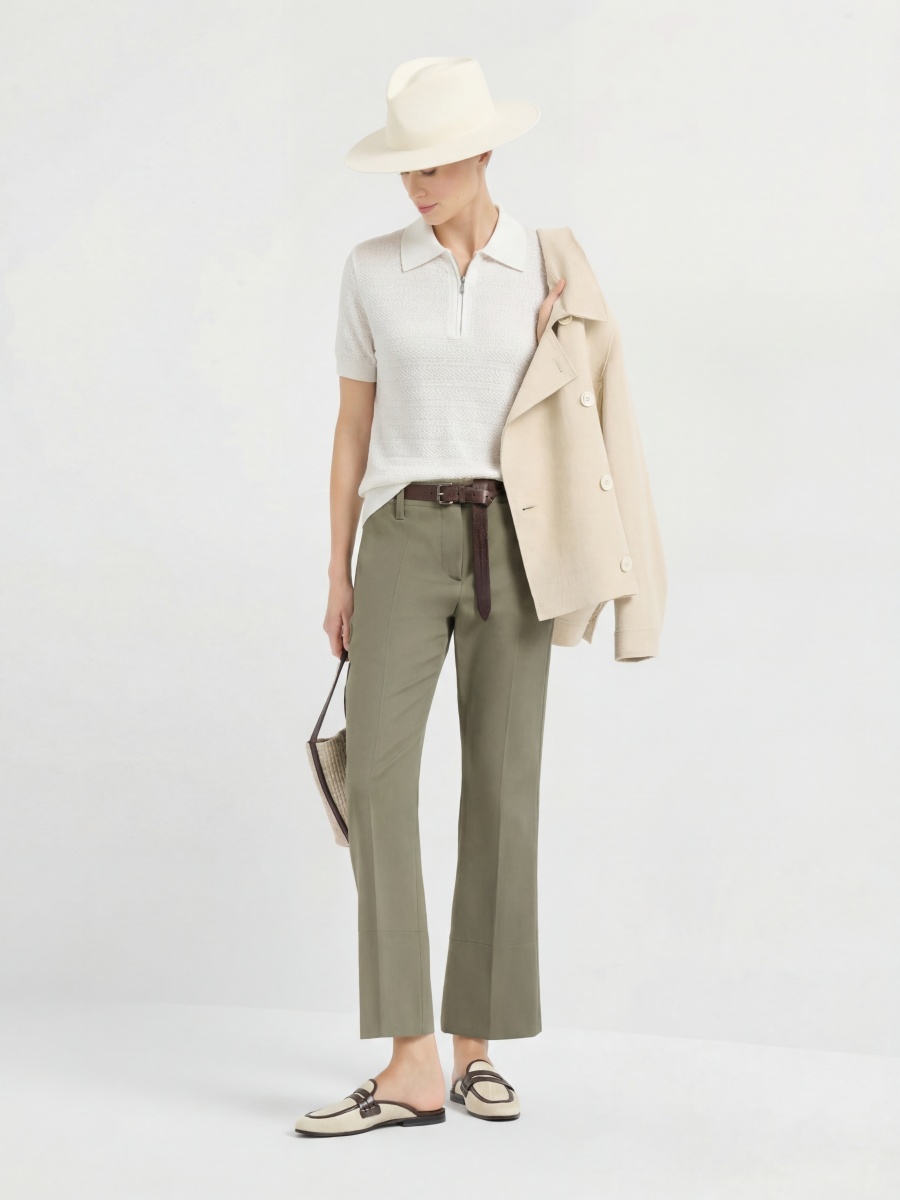 Silk Short Sleeve Zip up Knit Polo Top