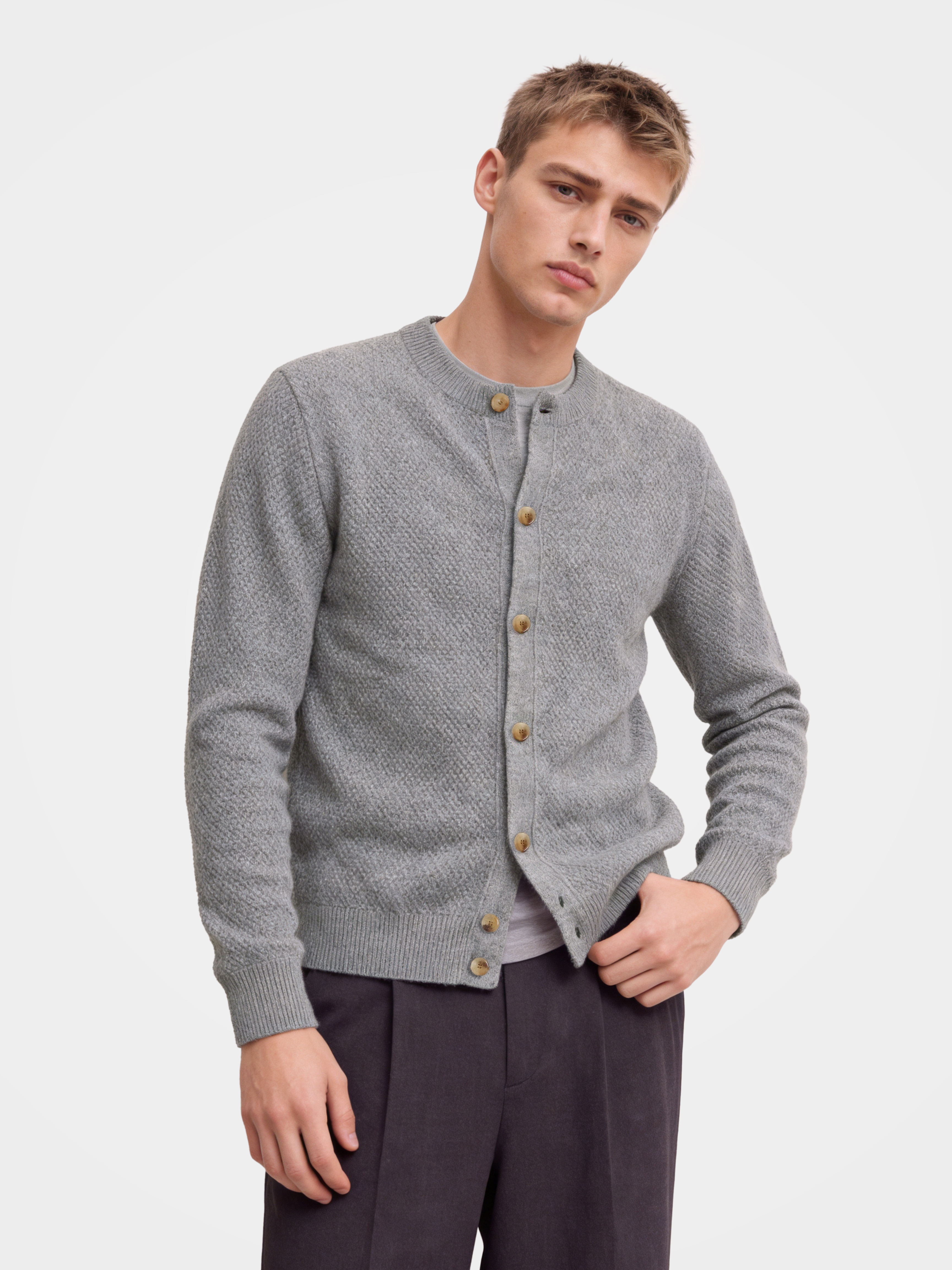 Men's 100% Cashmere Honeycomb Knit Crew Neck Cardigan - Luxury Button-Front Sweater