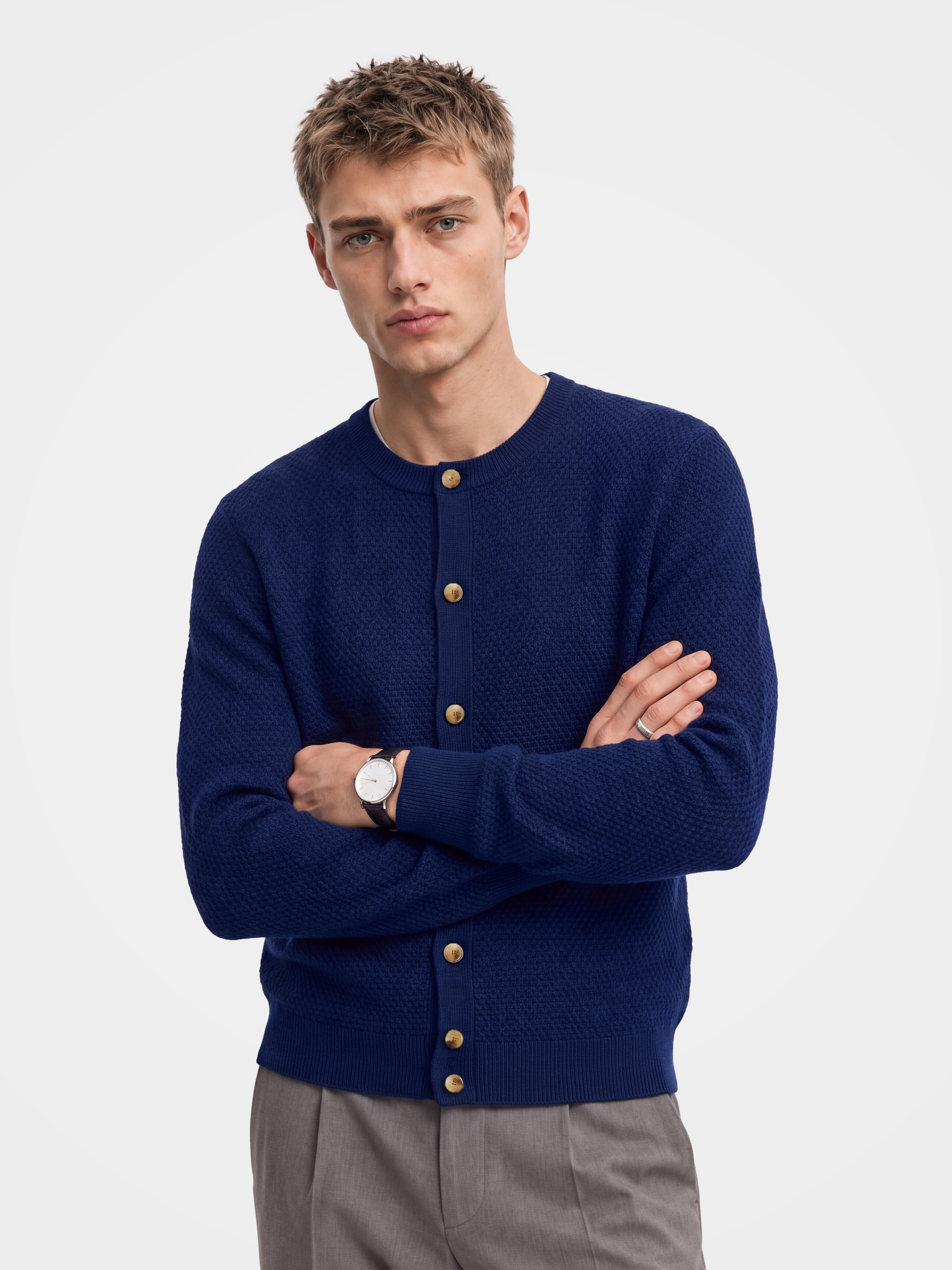 Pre-Order | Men's 100% Cashmere Honeycomb Knit Crew Neck Cardigan (10-14 Business Days)
