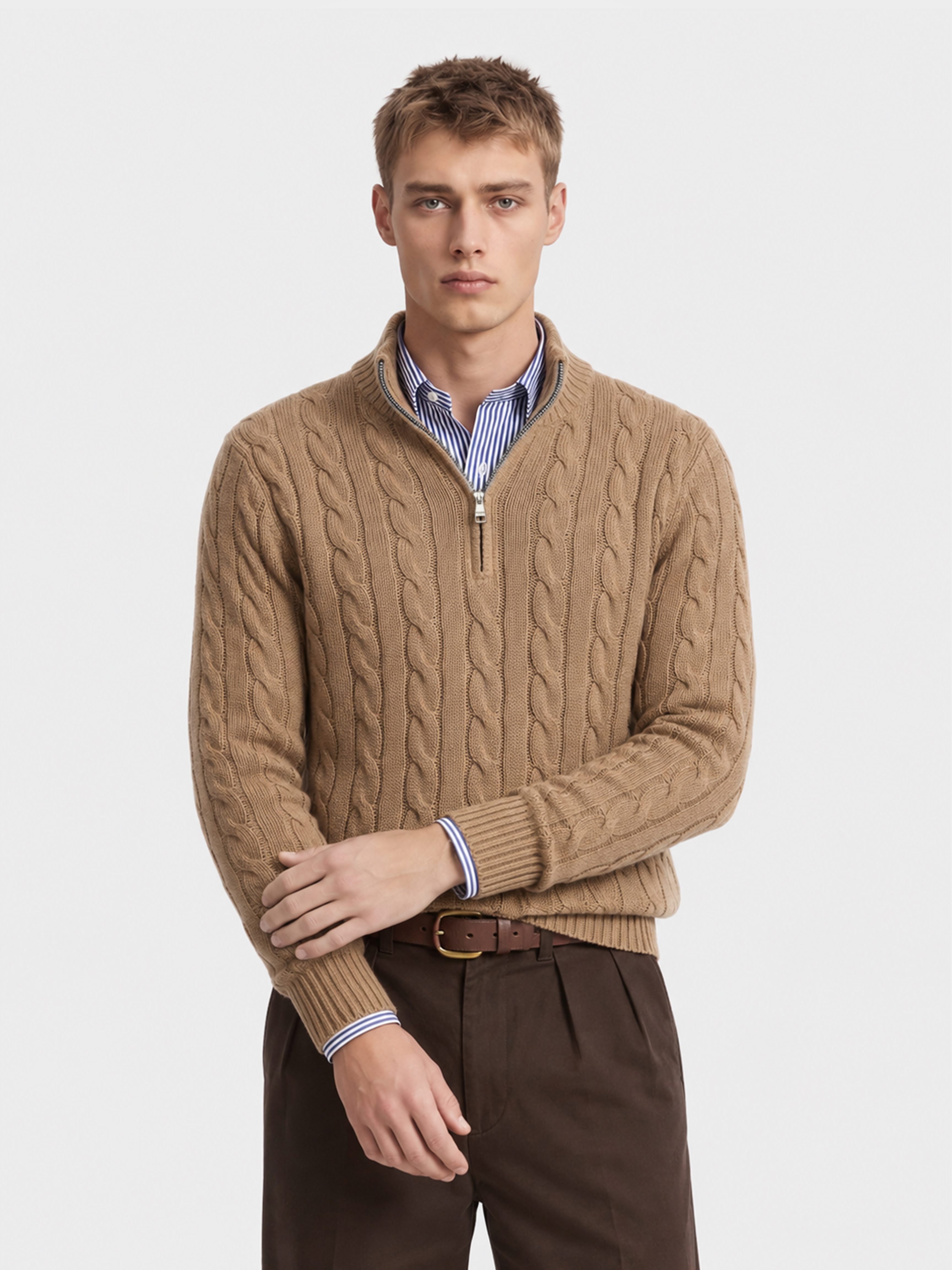 Men's 100% Cashmere Cable Knit Mock Neck Quarter-Zip Sweater