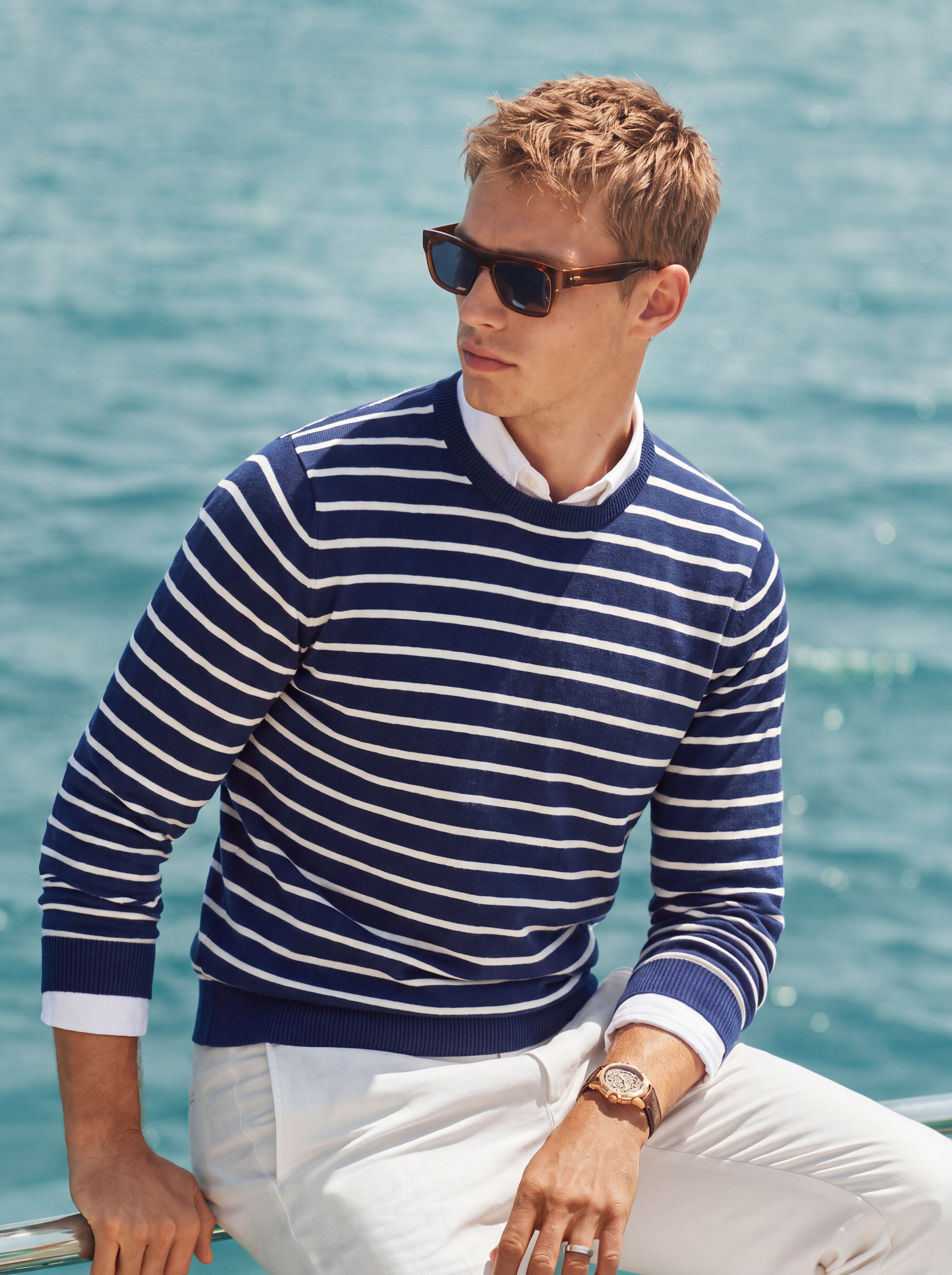 Pre-Order | Men's 100% Cashmere Striped Crew Neck Sweater with Timeless Style (10-14 Business Days)
