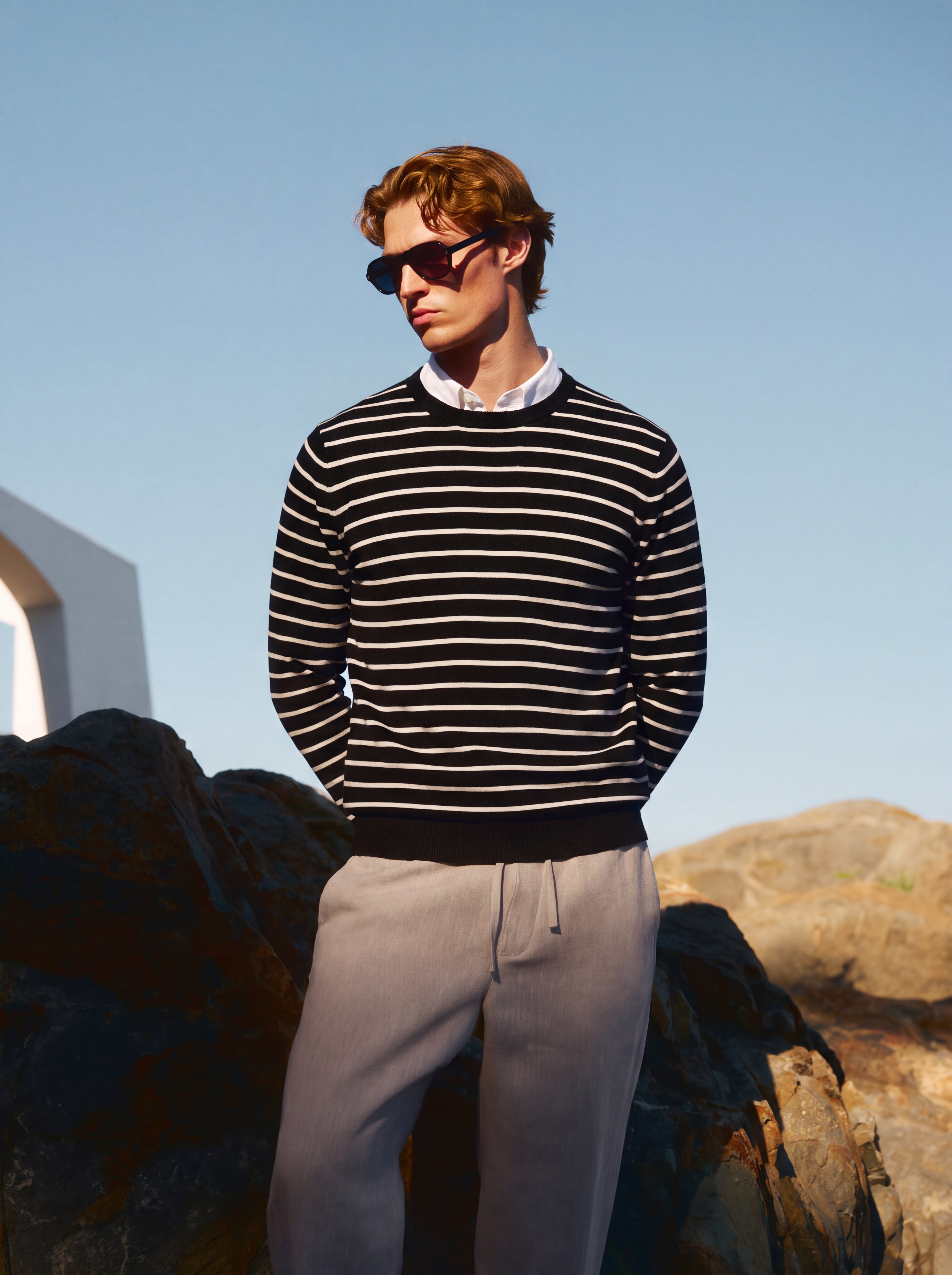 Pre-Order | Men's 100% Cashmere Striped Crew Neck Sweater with Timeless Style (10-14 Business Days)