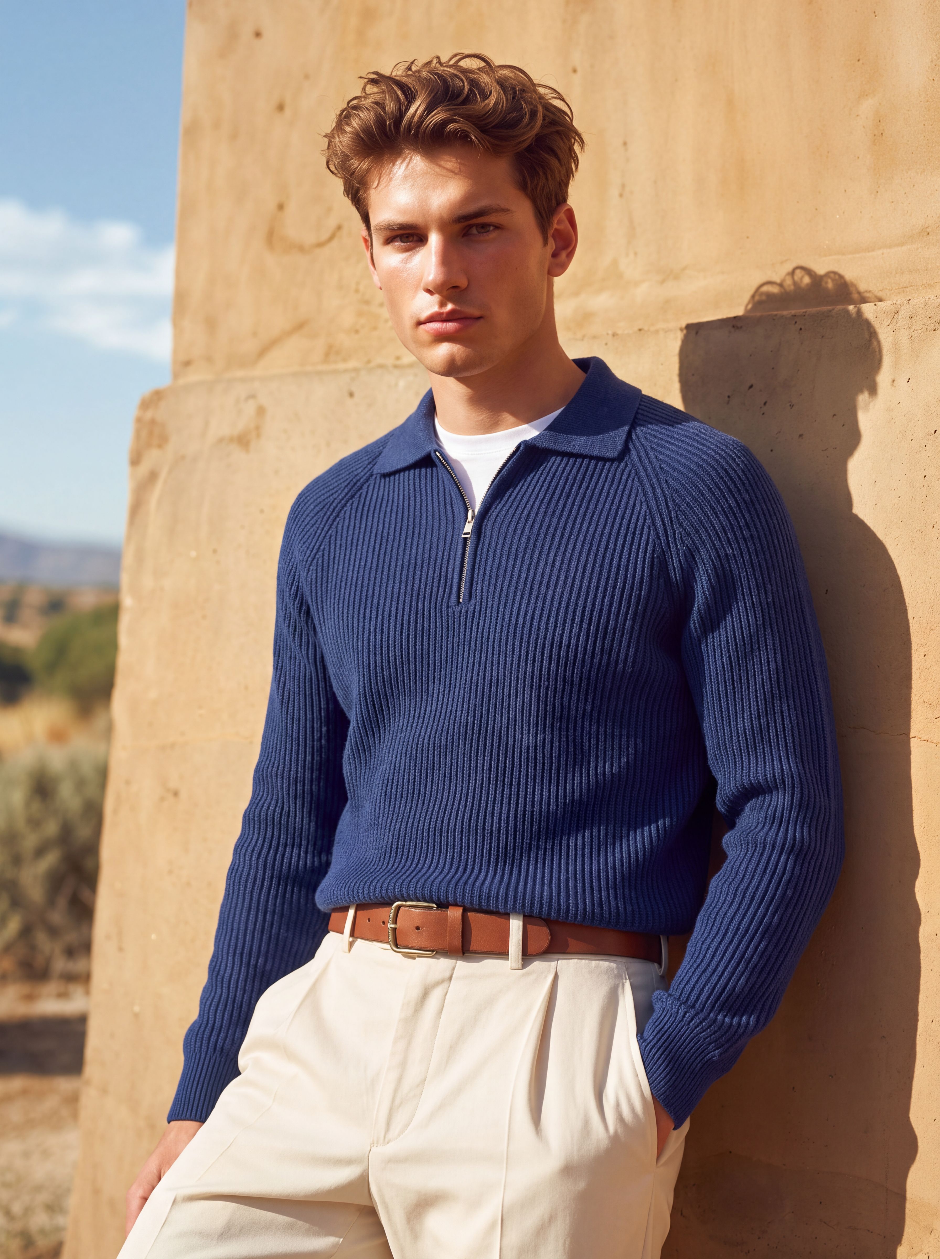 Men's 100% Cashmere Rib Knit Collared Quarter-Zip Sweater