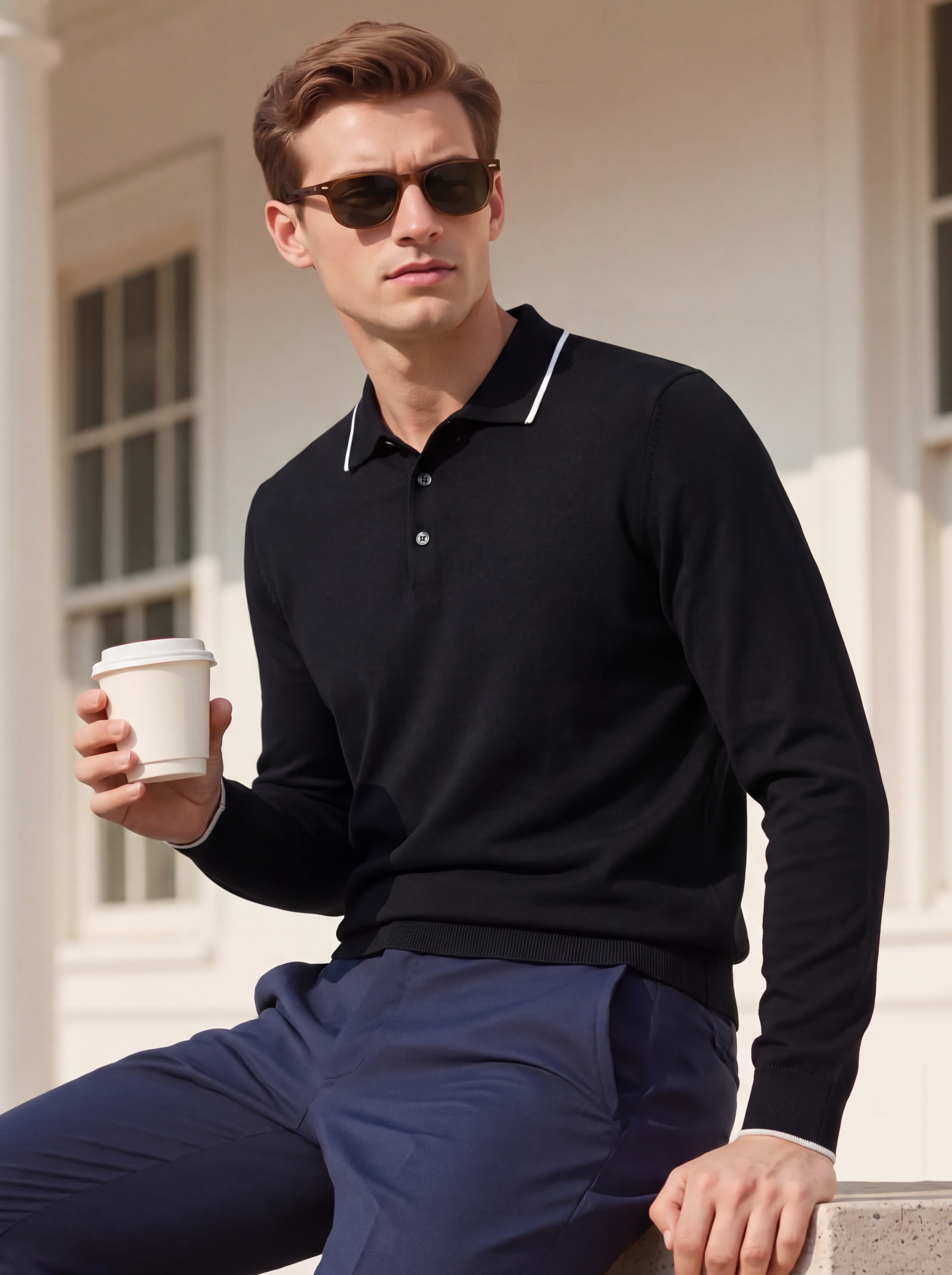Men's 100% Cashmere Long Sleeve Polo Sweater