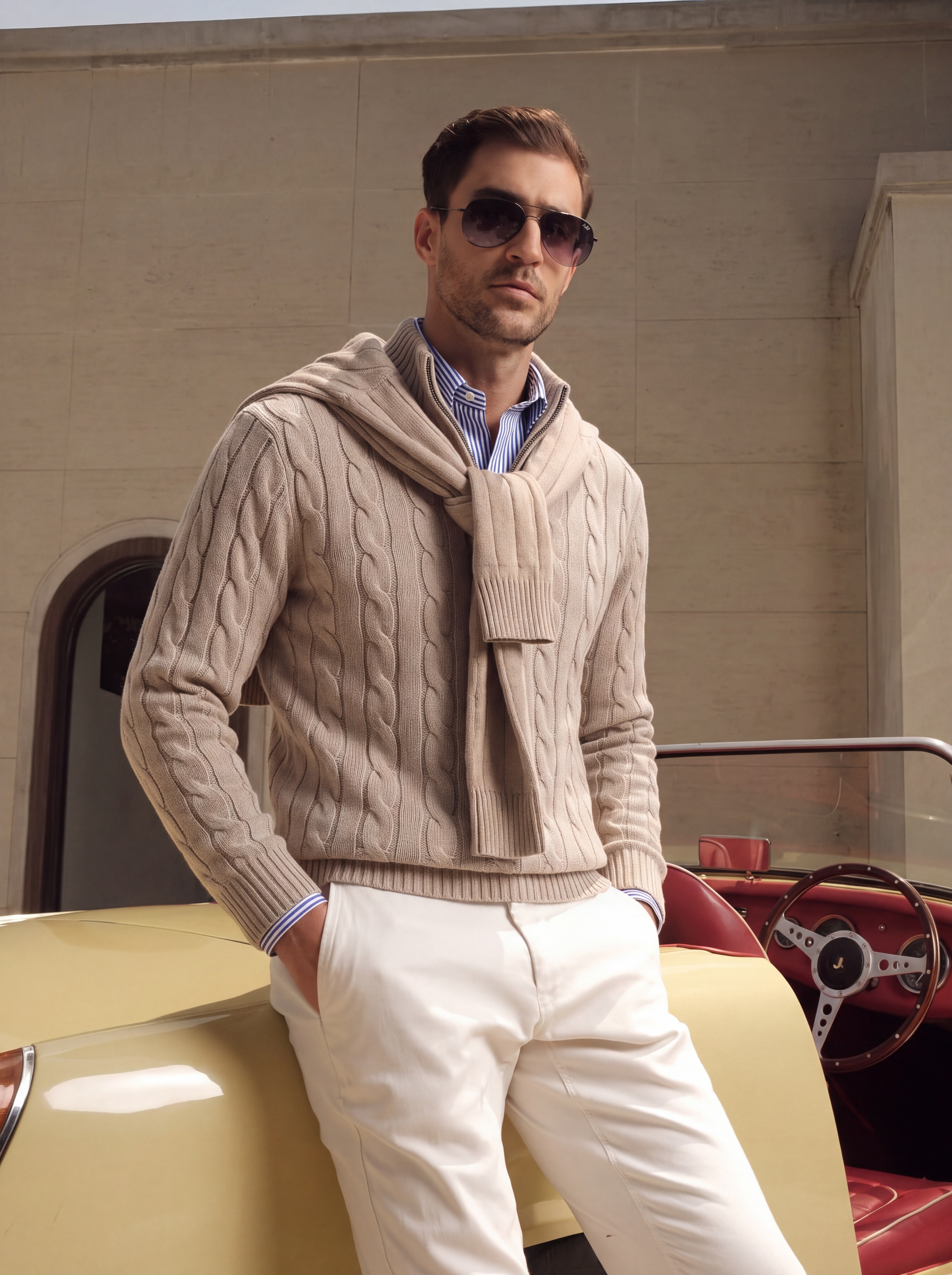 Men's 100% Cashmere Cable Knit Mock Neck Quarter-Zip Sweater