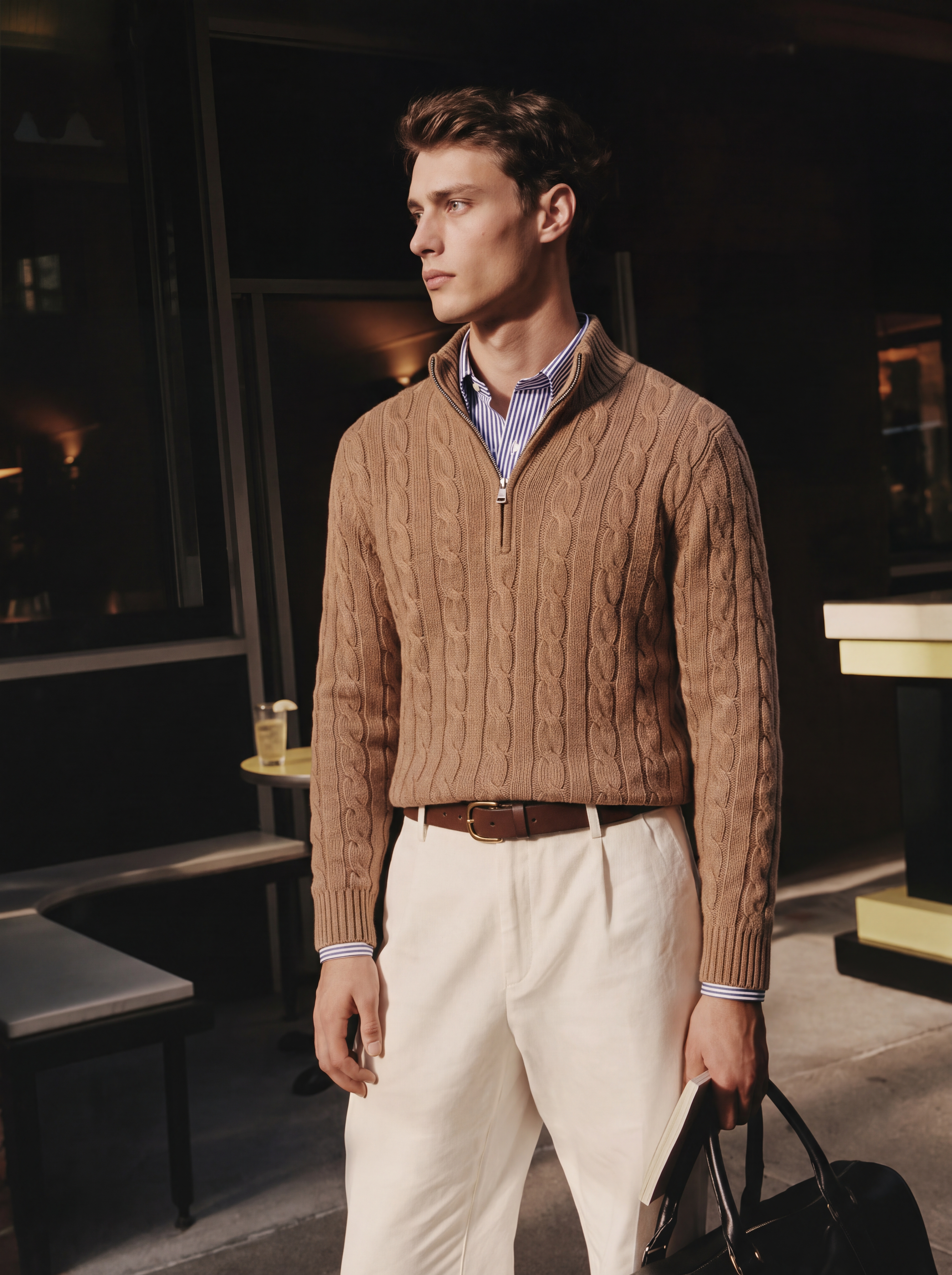 Men's 100% Cashmere Cable Knit Mock Neck Quarter-Zip Sweater
