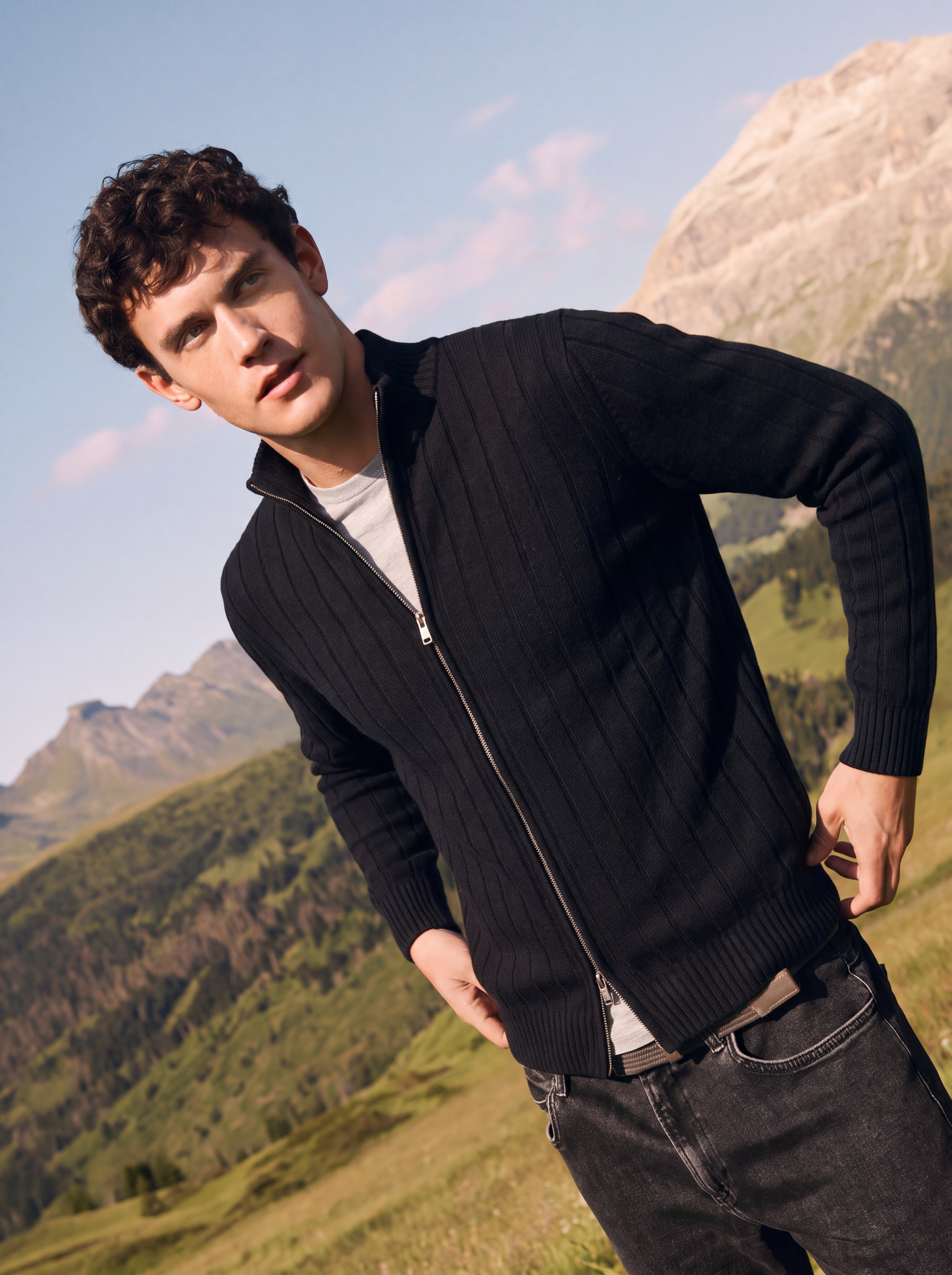 Men's 100% Cashmere Mock Neck Zip Rib Knit Cardigan