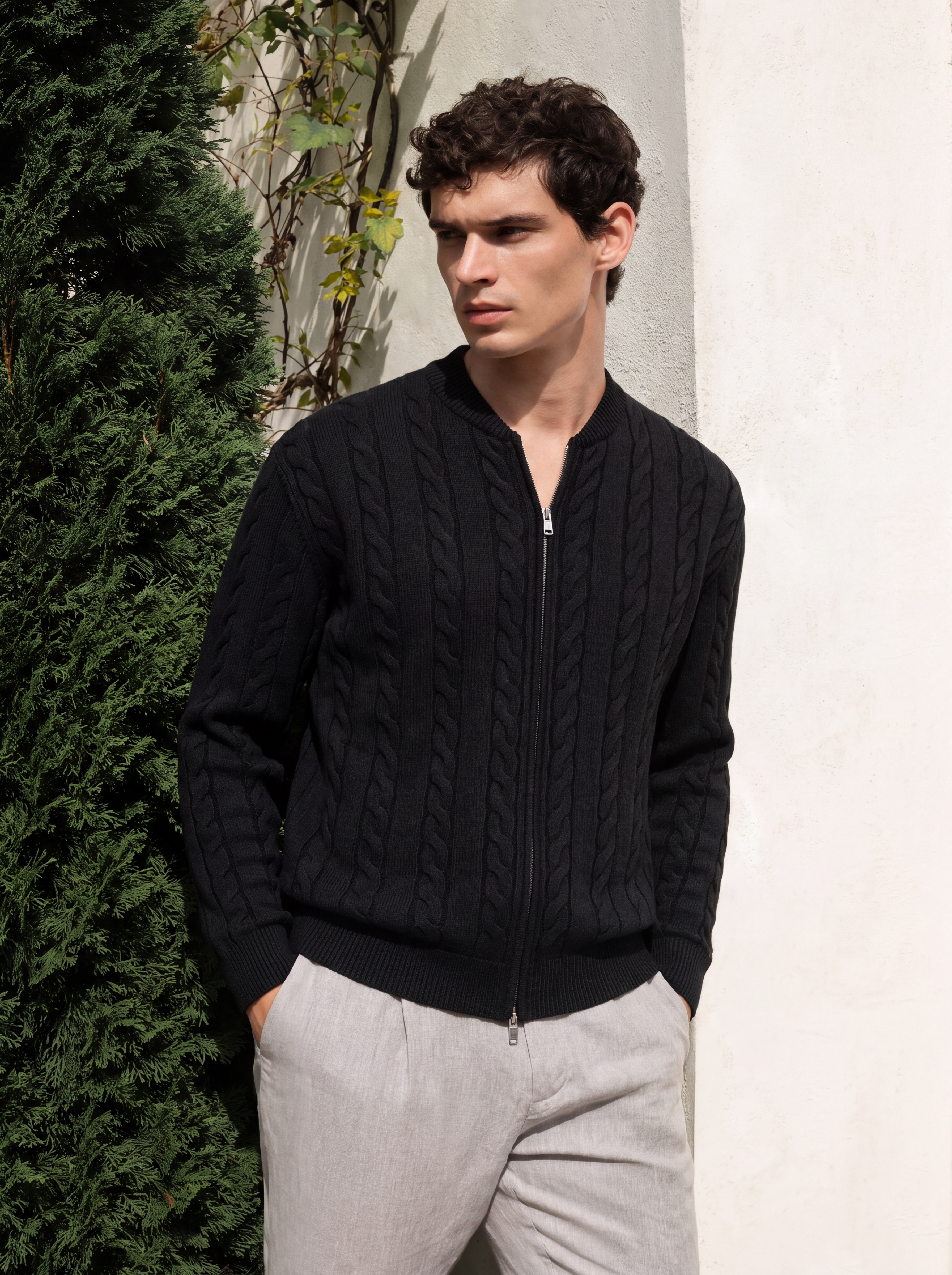Men's 100% Cashmere Baseball Collar Zip Cable Knit Cardigan
