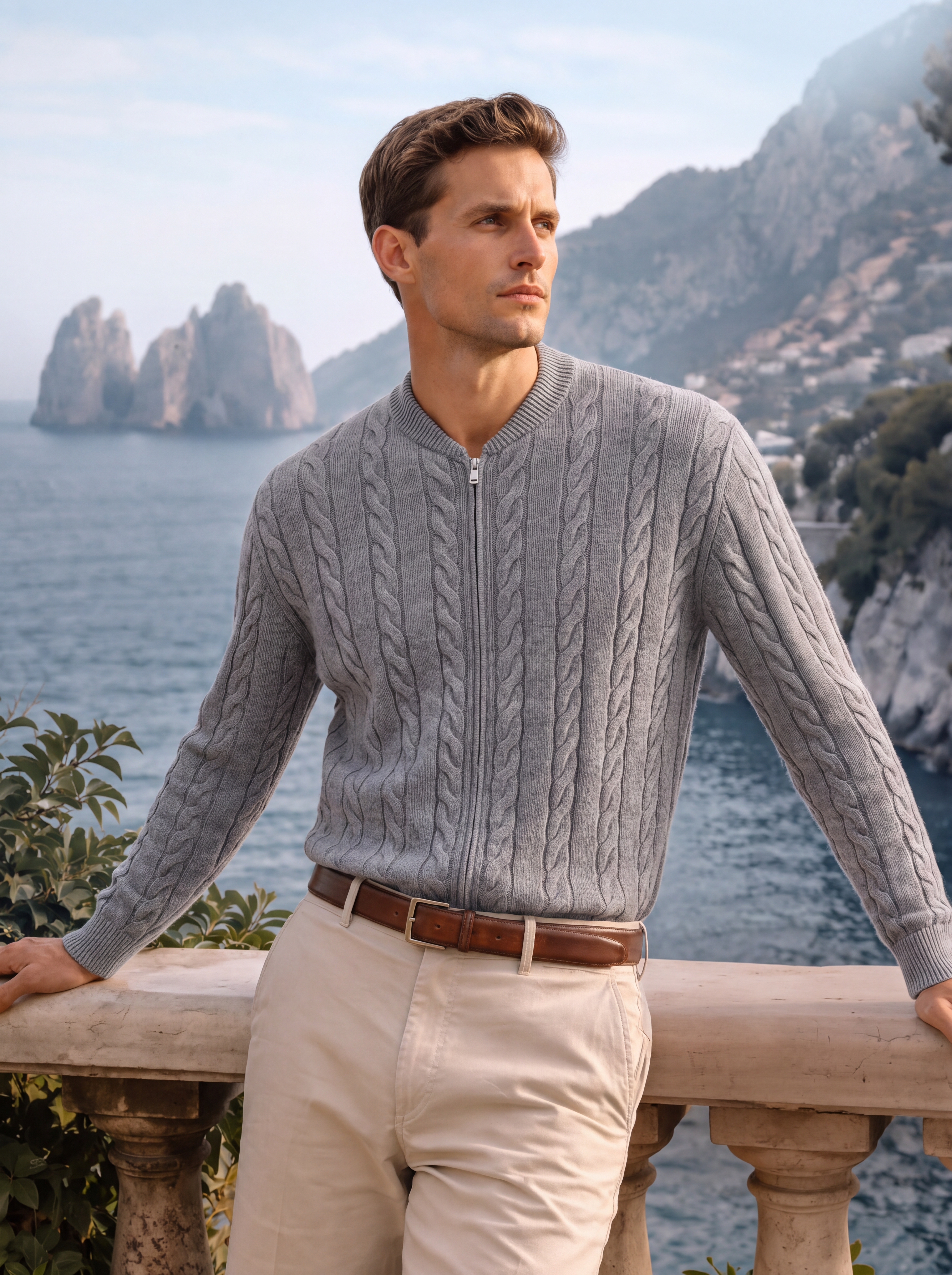 Men's 100% Cashmere Baseball Collar Zip Cable Knit Cardigan