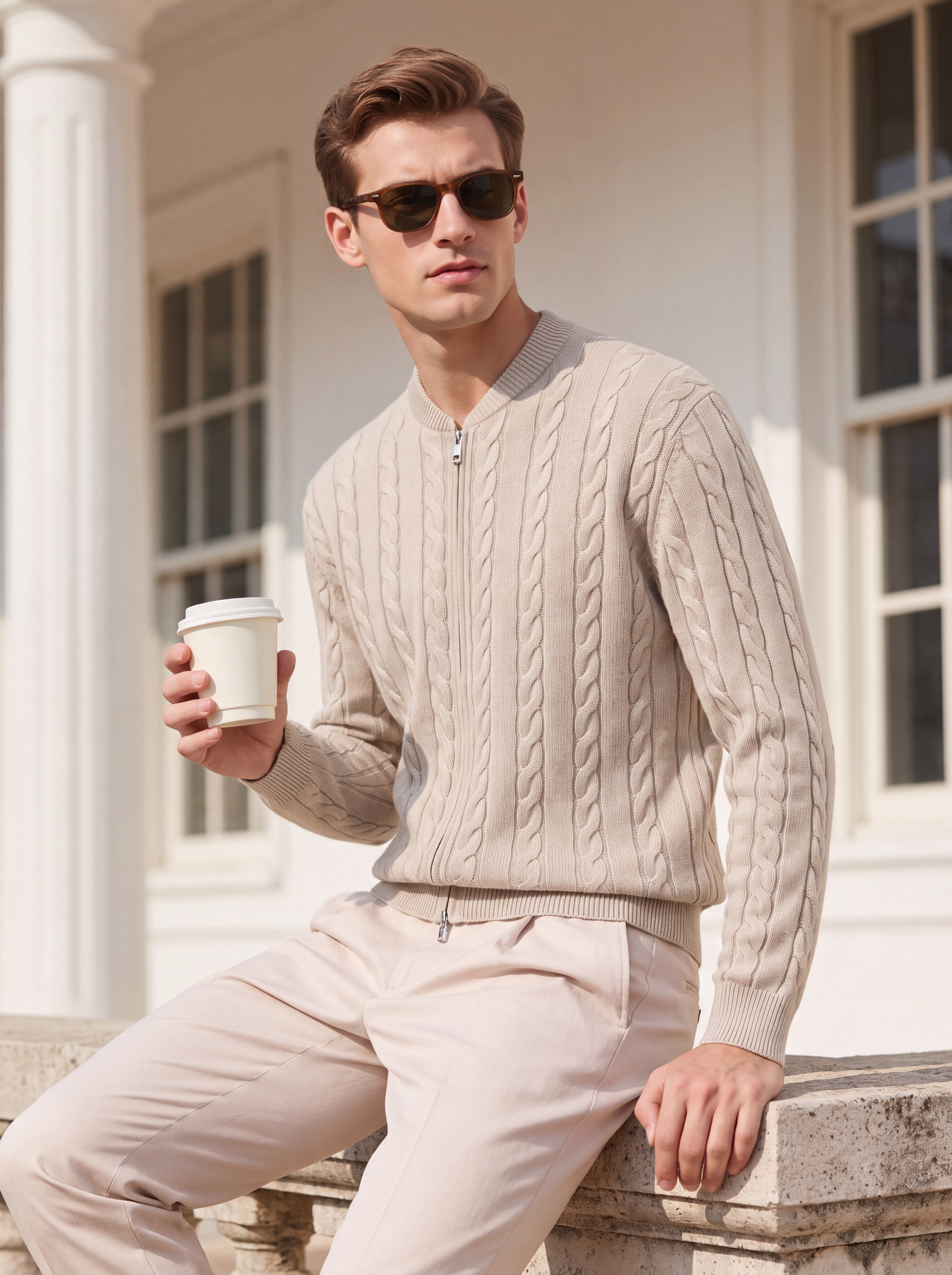 Men's 100% Cashmere Baseball Collar Zip Cable Knit Cardigan