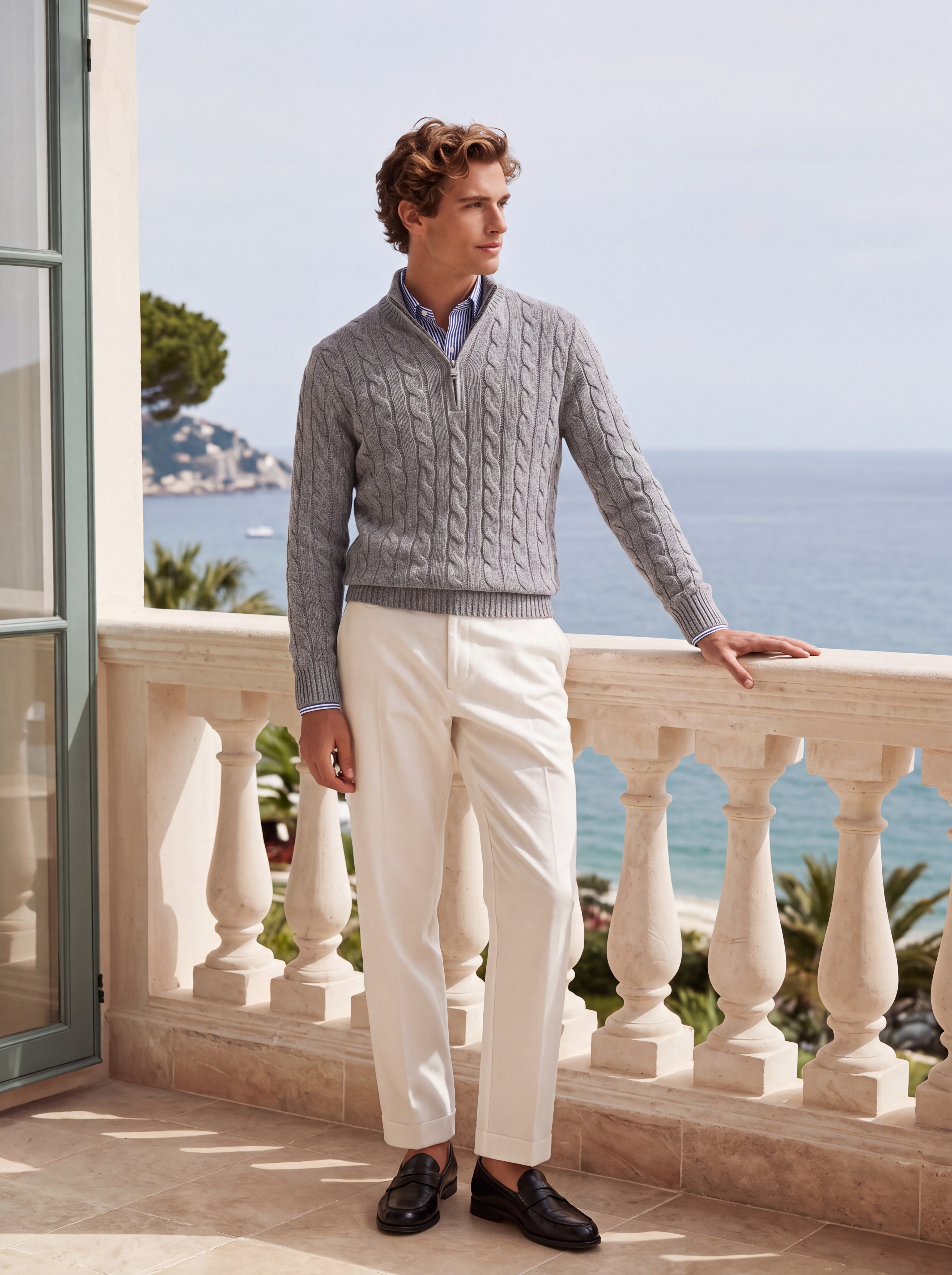 Men's 100% Cashmere Cable Knit Mock Neck Quarter-Zip Sweater
