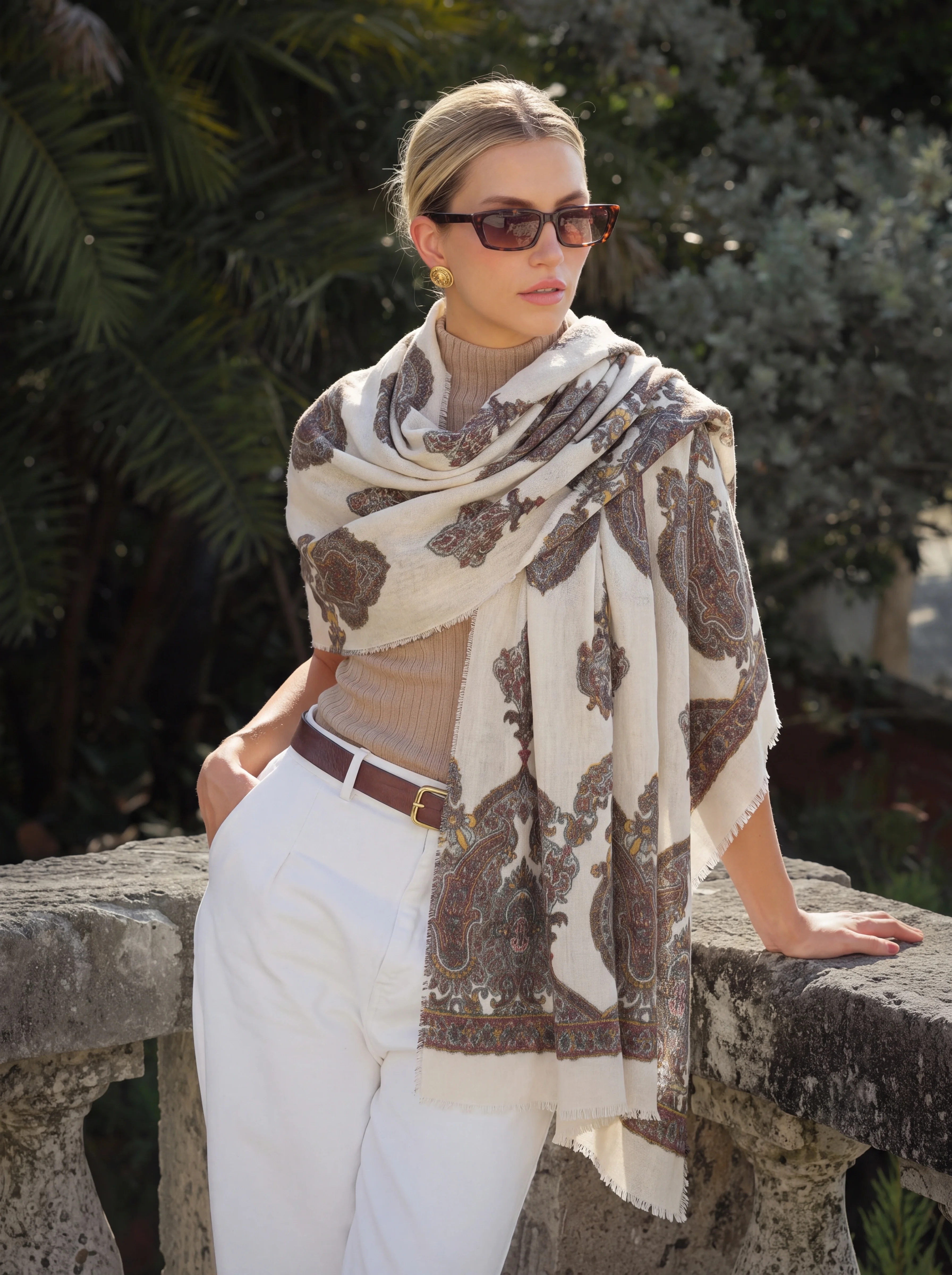 100% Cashmere Textured Paisley Fringe Long Scarf
