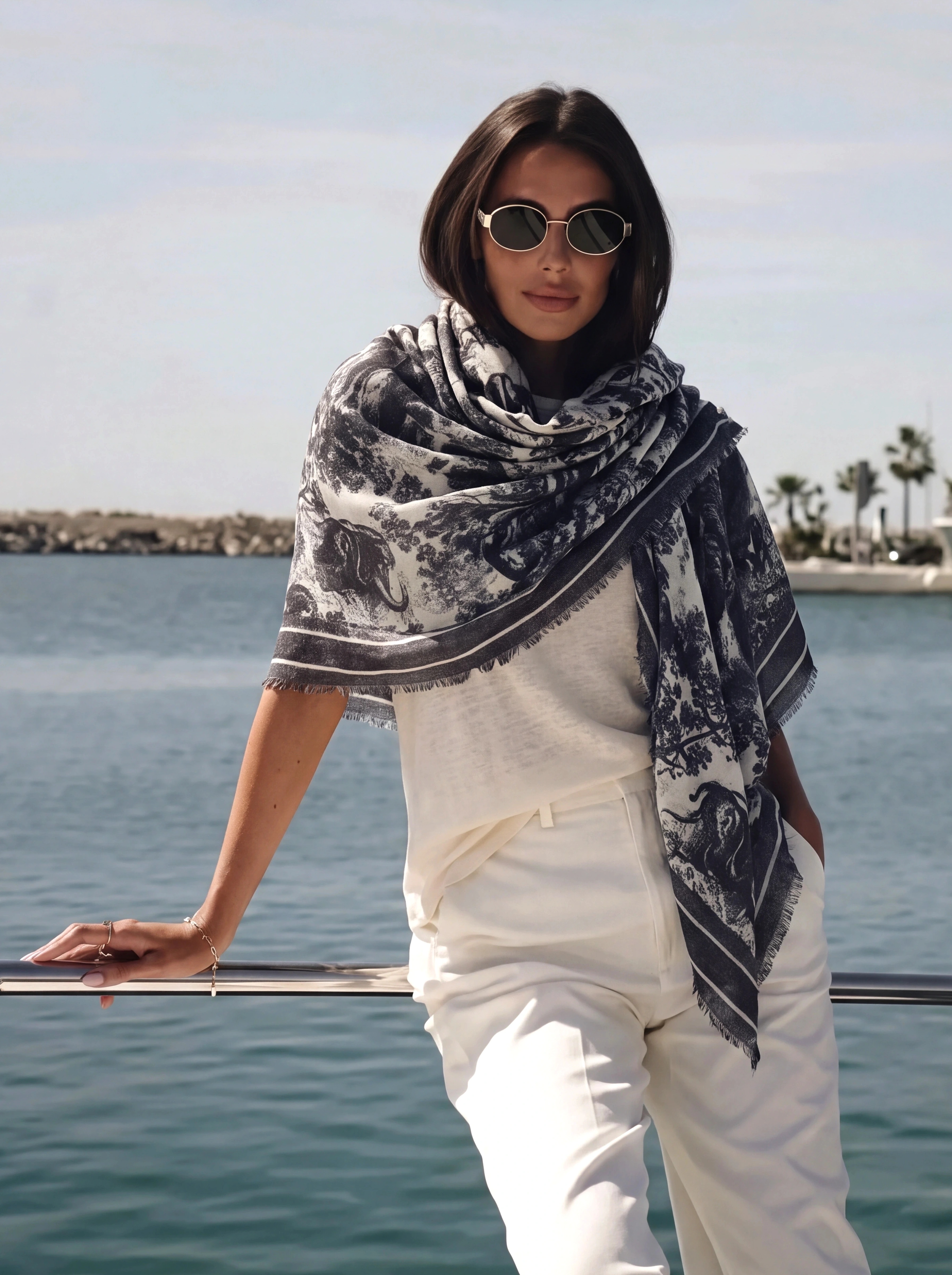 100% Cashmere Textured Ink Floral Long Scarf