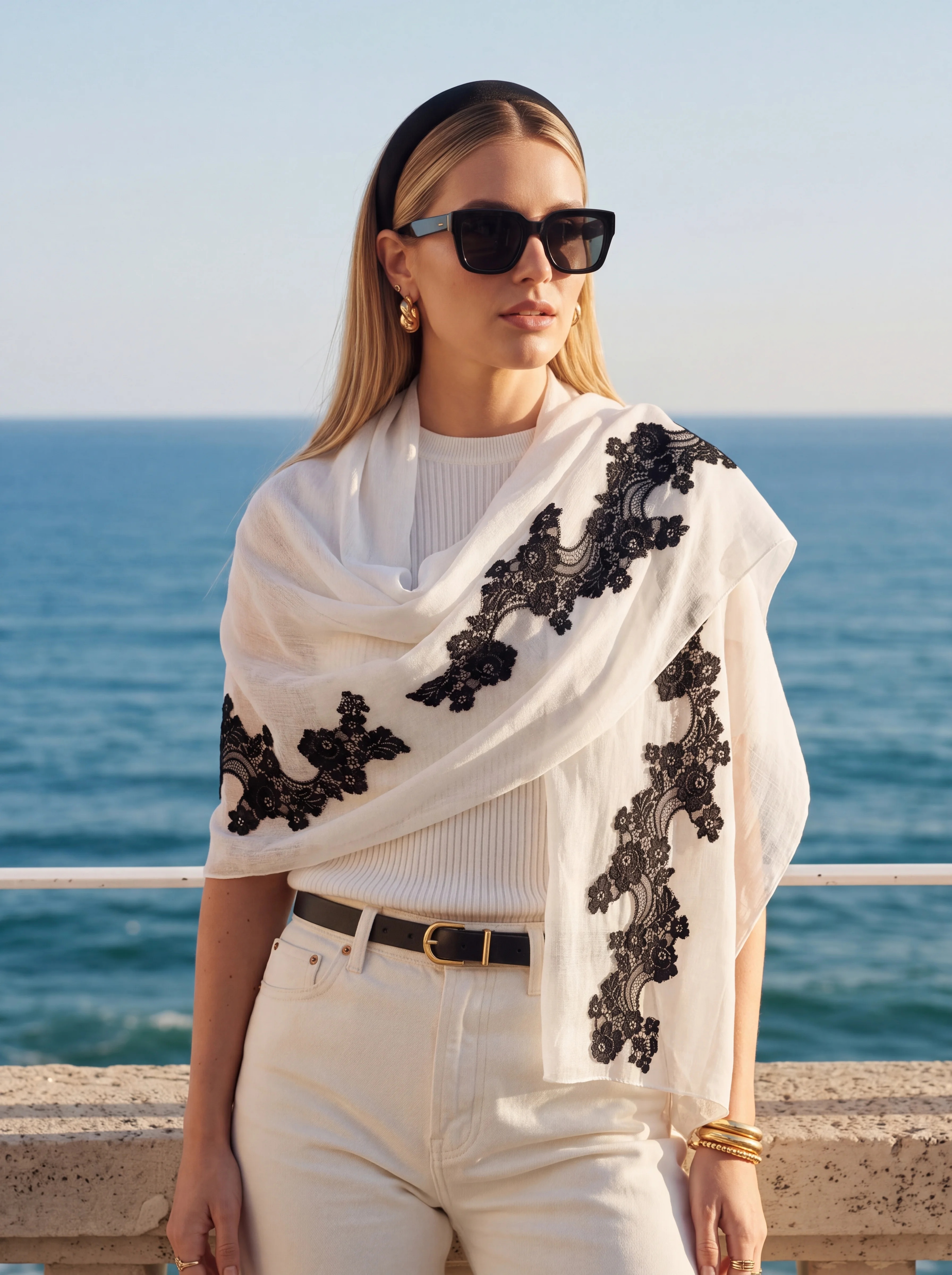 100% Cashmere Textured Lace Floral Long Scarf