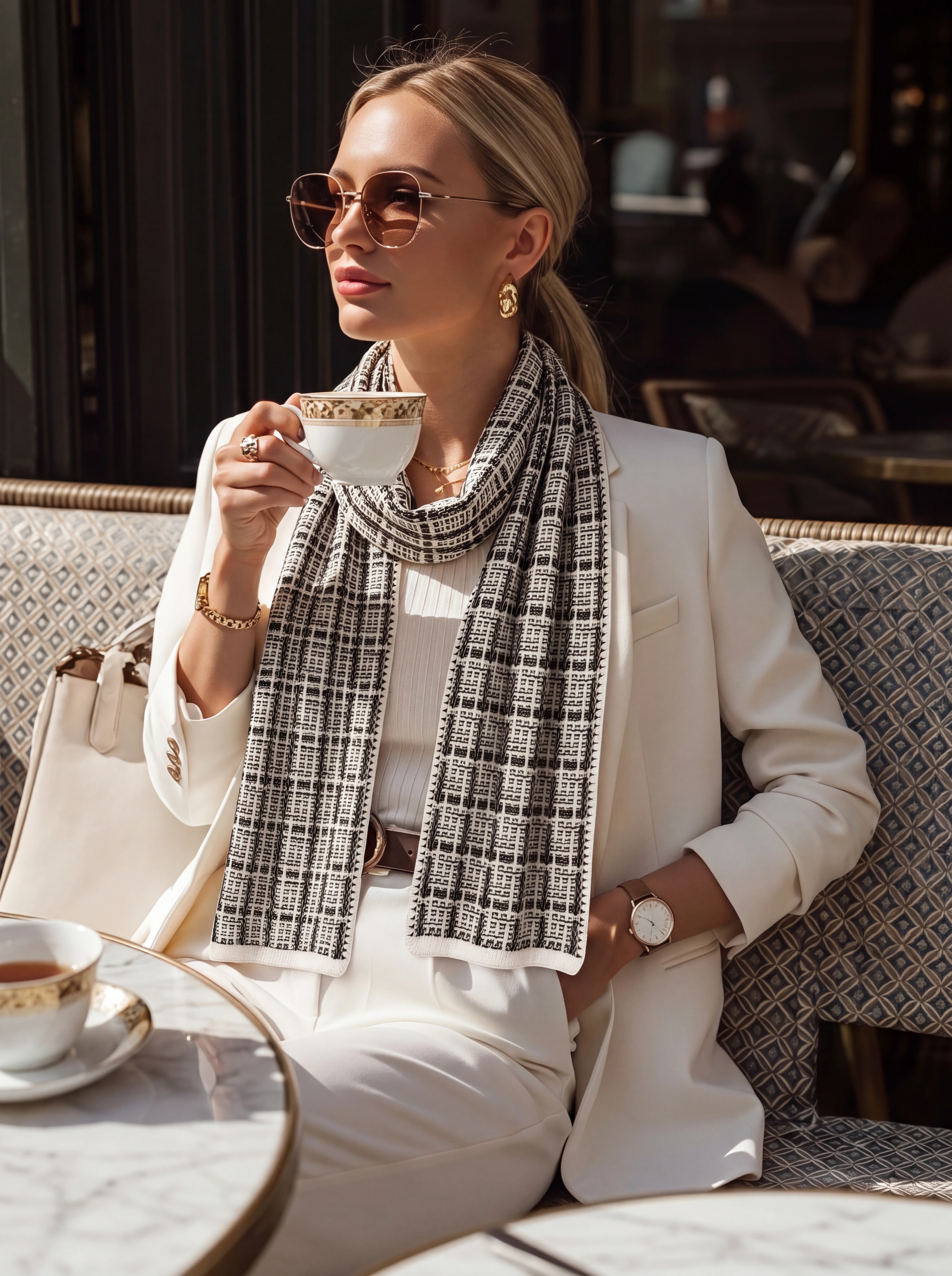 100% Cashmere Textured Houndstooth Tweed-Inspired Long Scarf