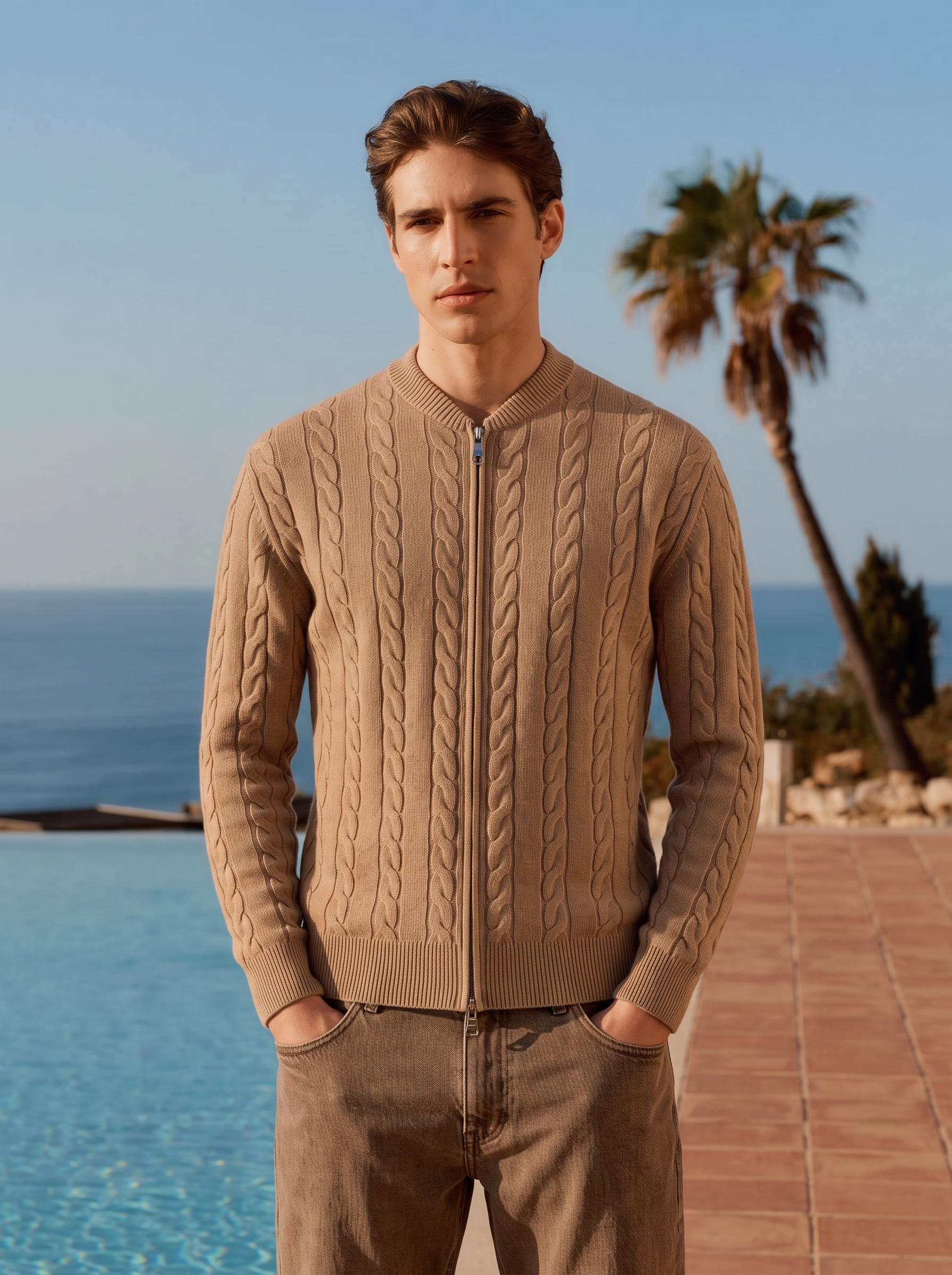 Men's 100% Cashmere Baseball Collar Zip Cable Knit Cardigan