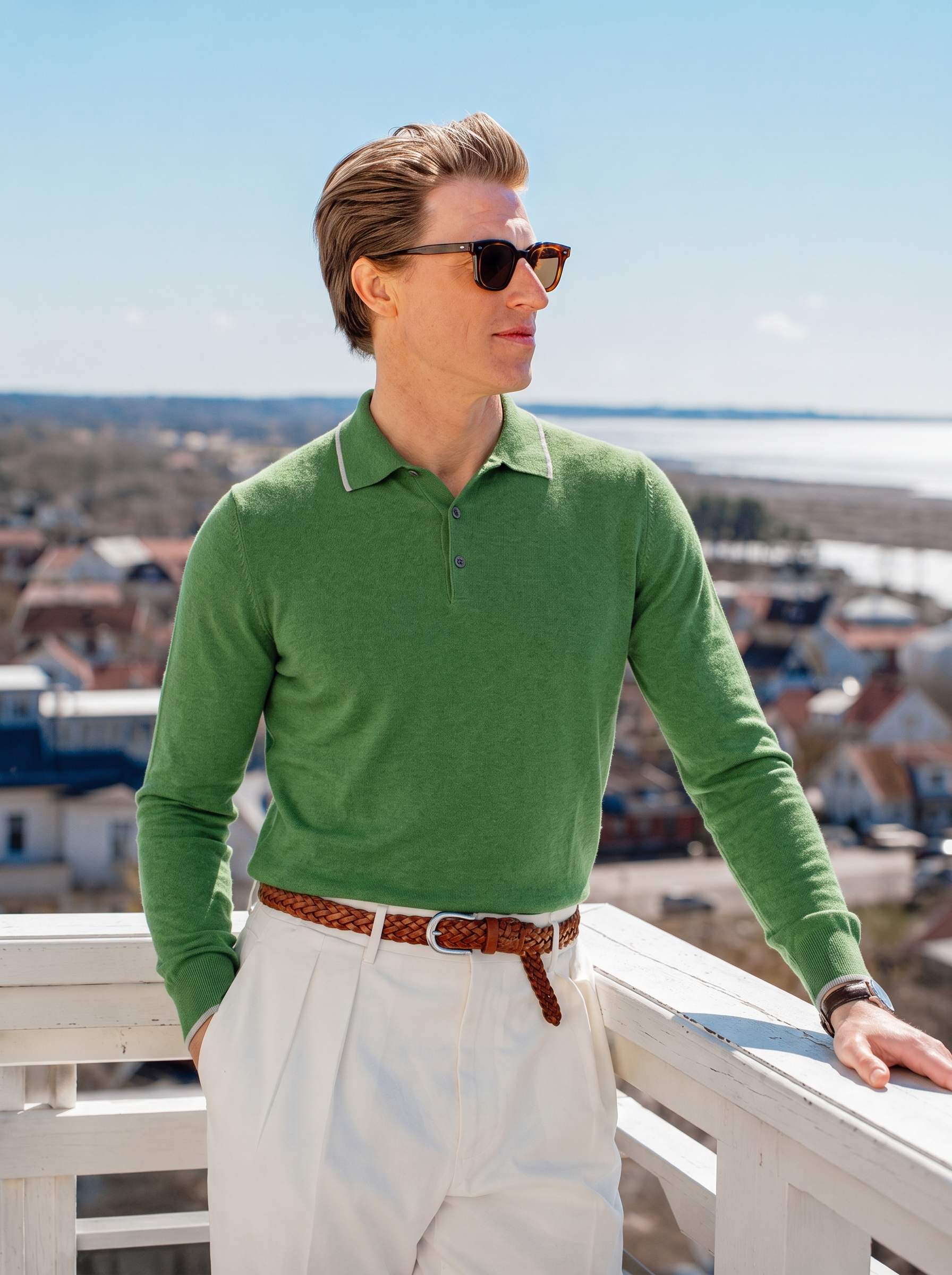 Men's Lightweight 100% Wool Long Sleeve Fine-Knit Polo