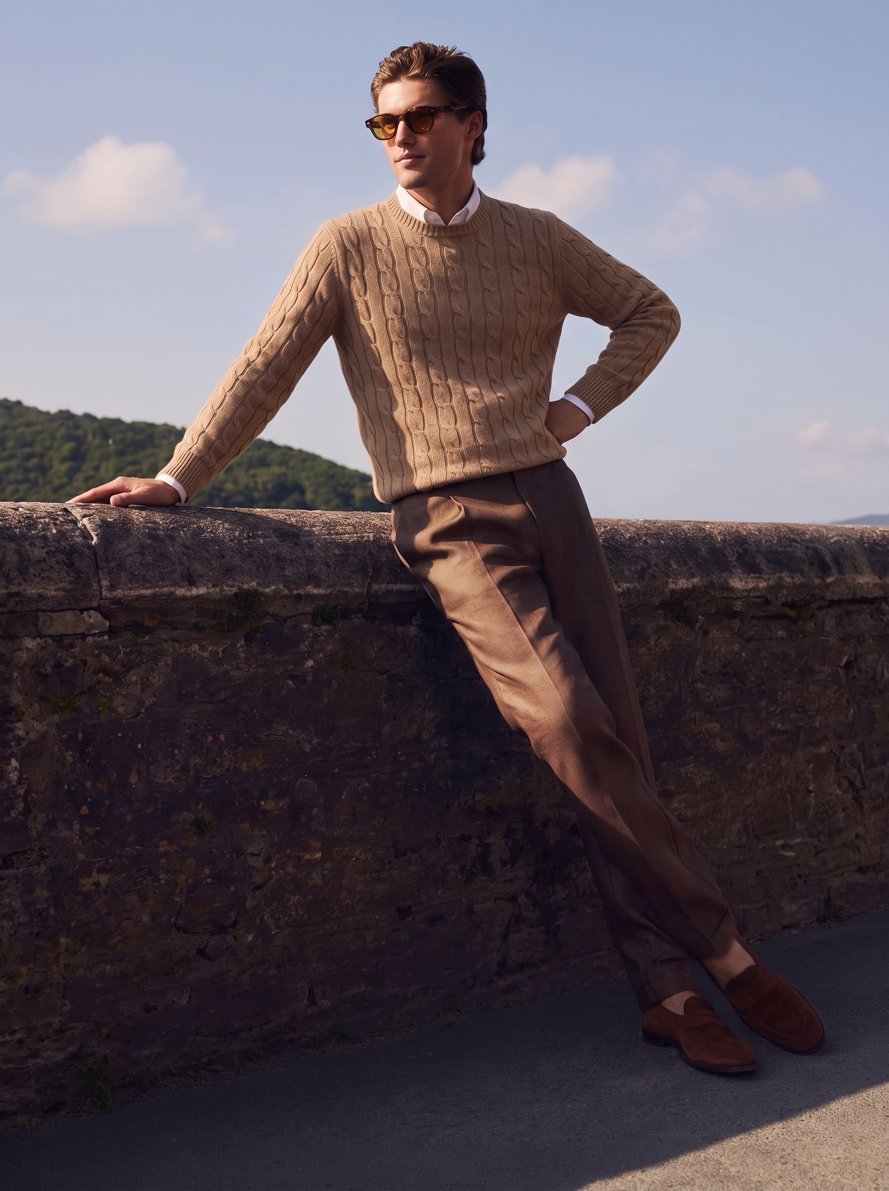 Men's 100% Cashmere Cable Knit Crew Neck Sweater with Timeless Style