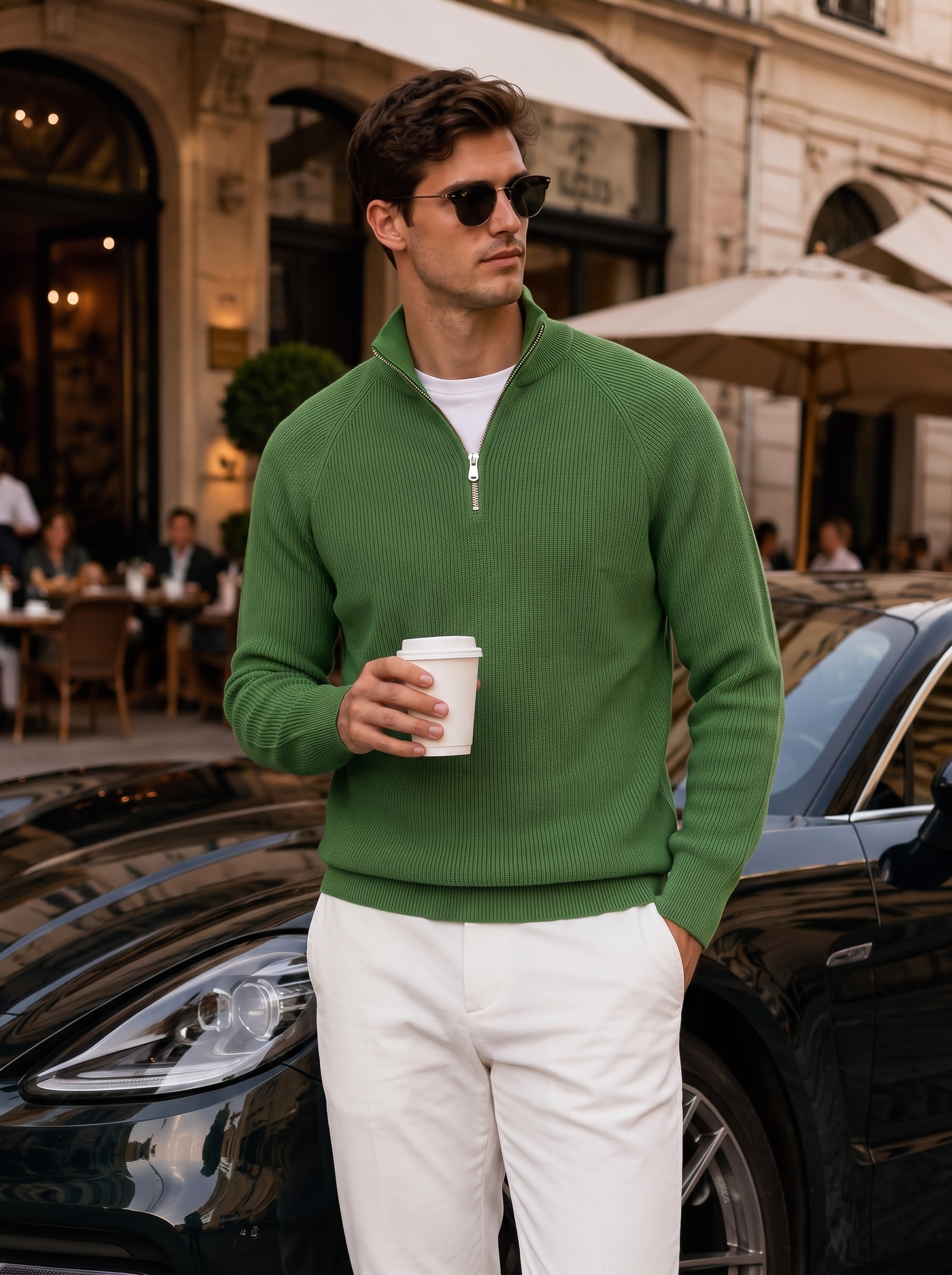 Pre-Order | Men's 100% Cashmere Mock Neck Quarter-Zip Rib Knit Sweater (10-14 Business Days)